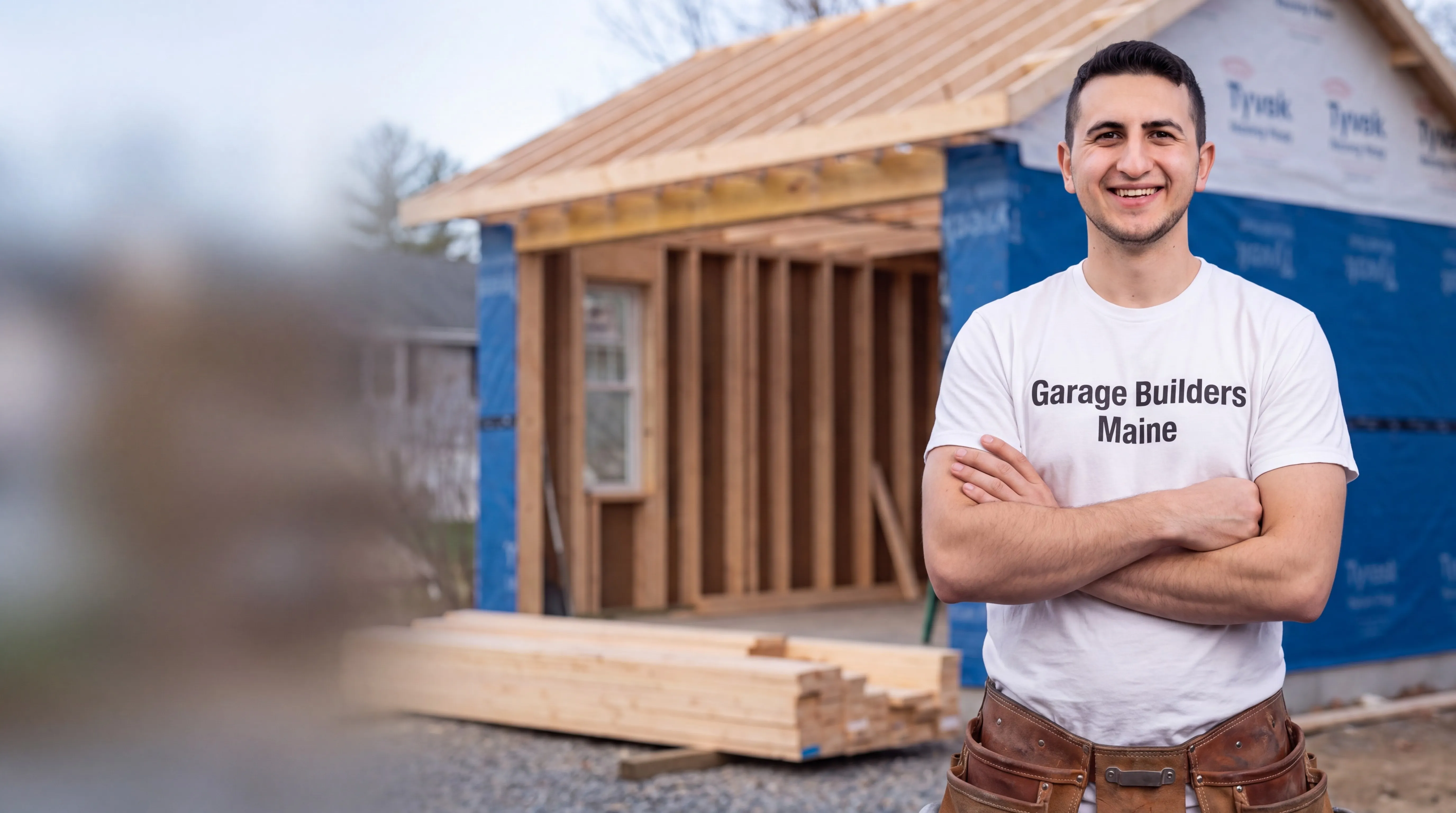 Owner of Garage Builders Maine standing with his arms crossed and smiling at a Maine job site