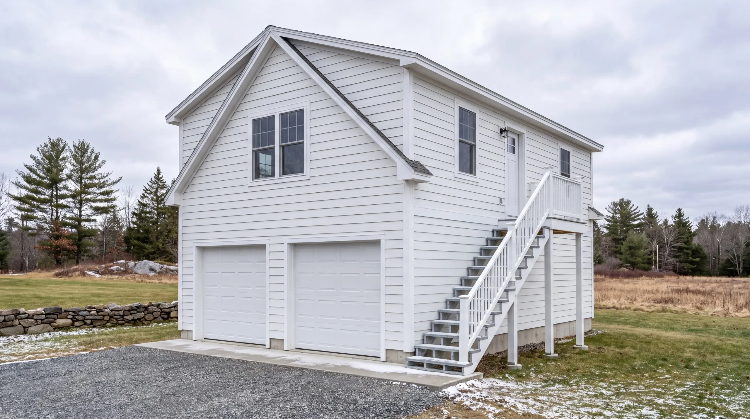 Accessory dwelling unit builder Chelsea Maine: white two-bay garage with a dormered living space above and an exterior stair