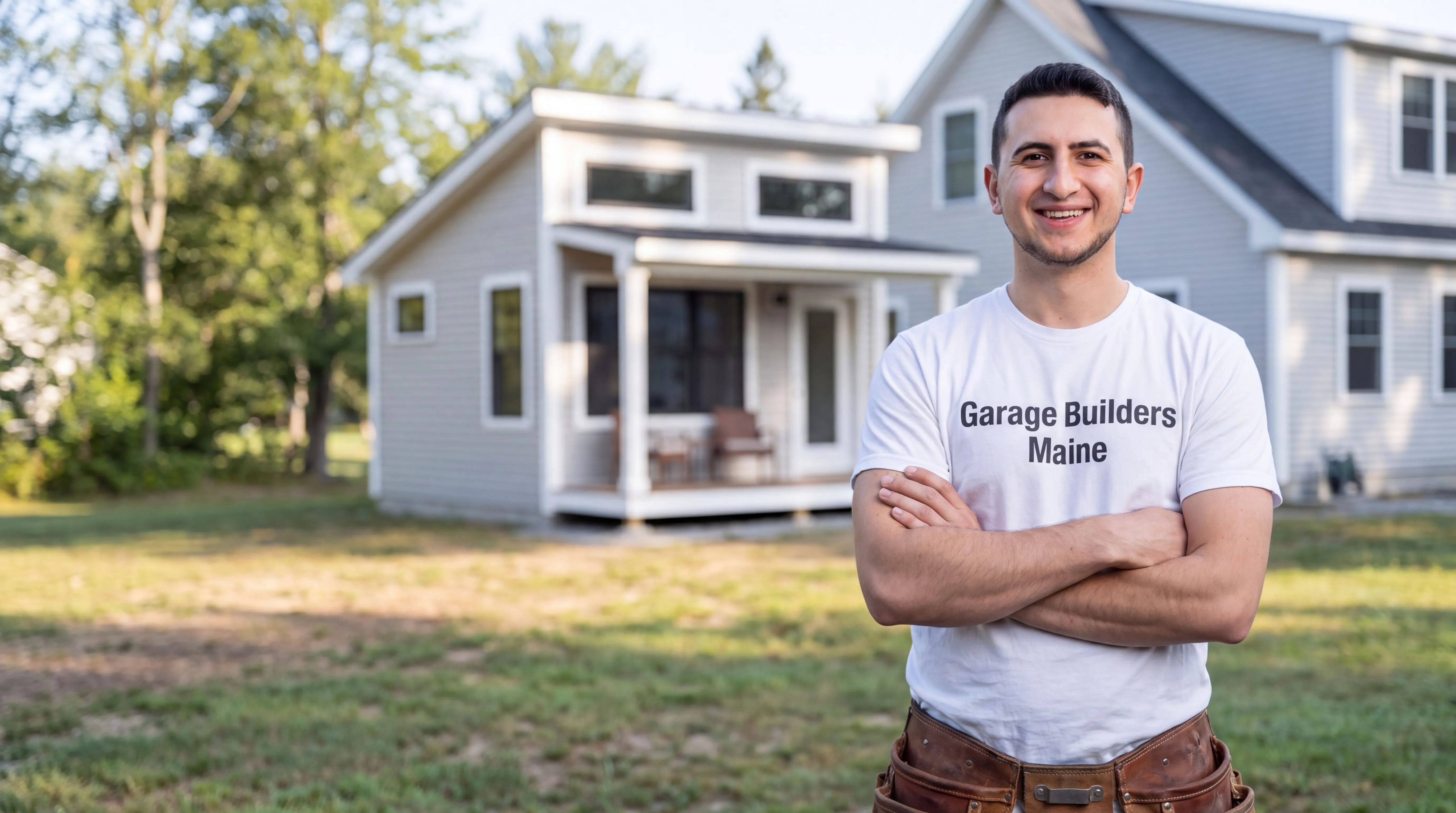 Owner of Garage Builders Maine standing with his arms crossed and smiling at a Maine job site