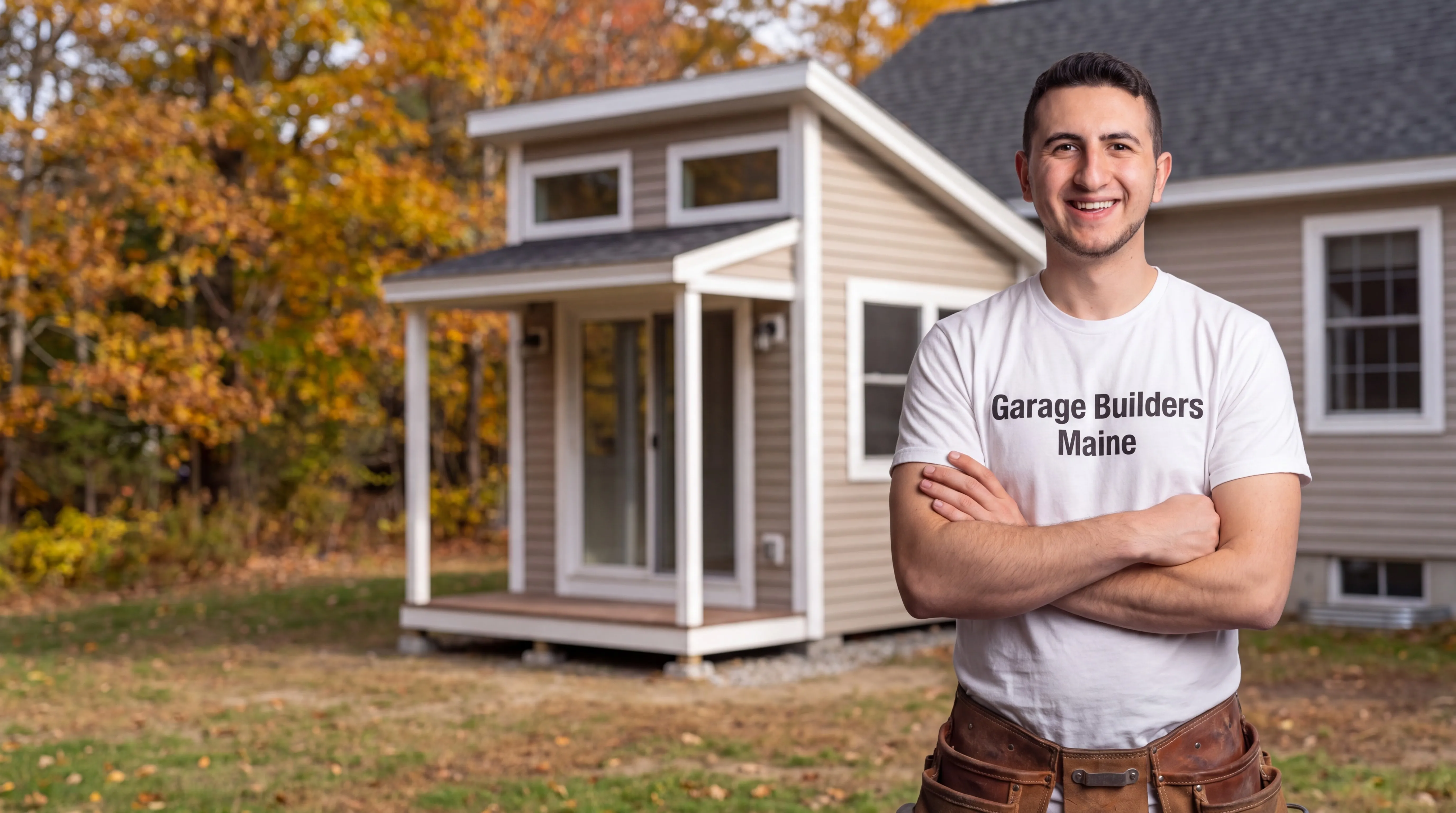 Owner of Garage Builders Maine standing with his arms crossed and smiling at a Maine job site