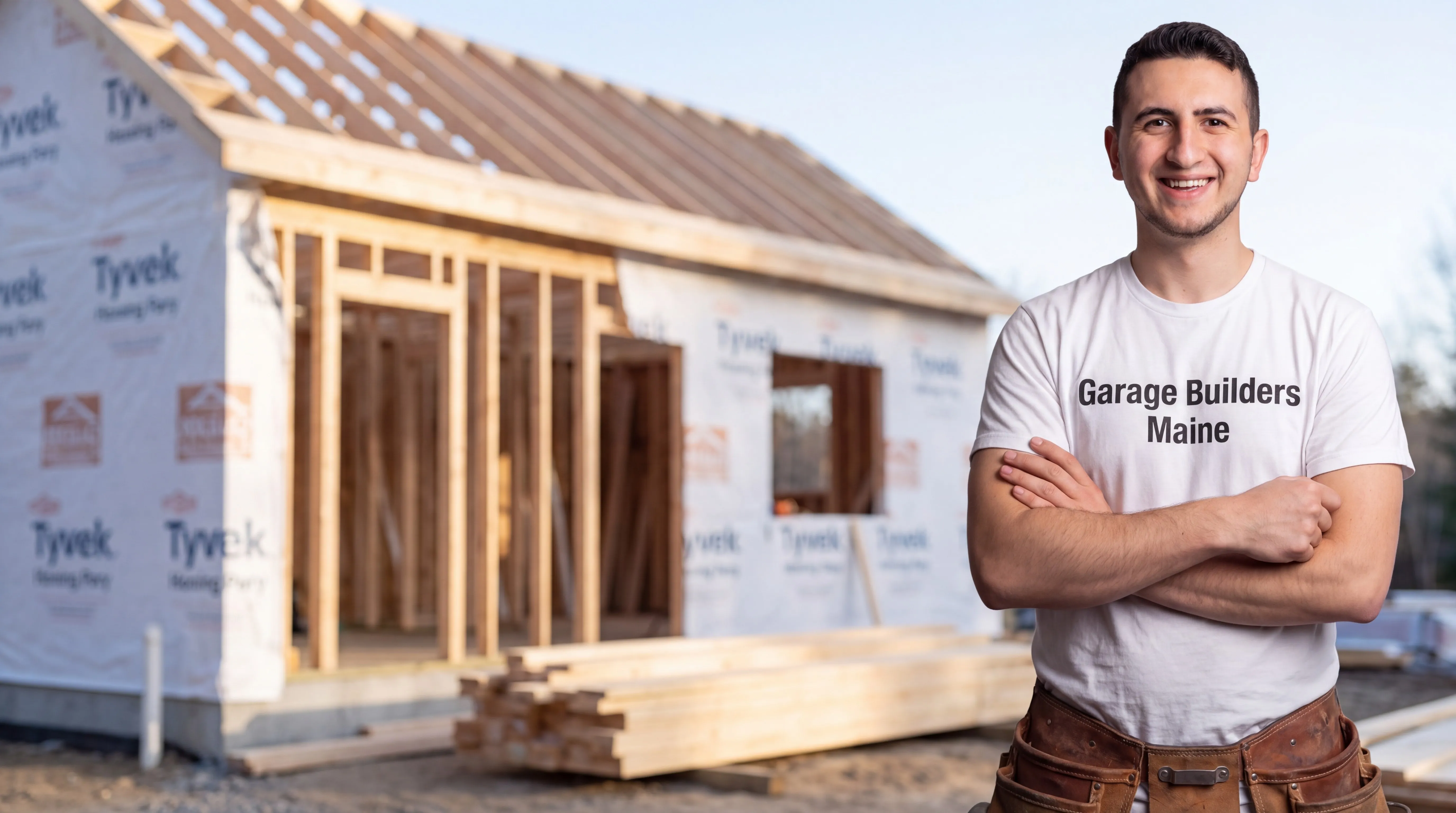 Owner of Garage Builders Maine standing with his arms crossed and smiling at a Maine job site
