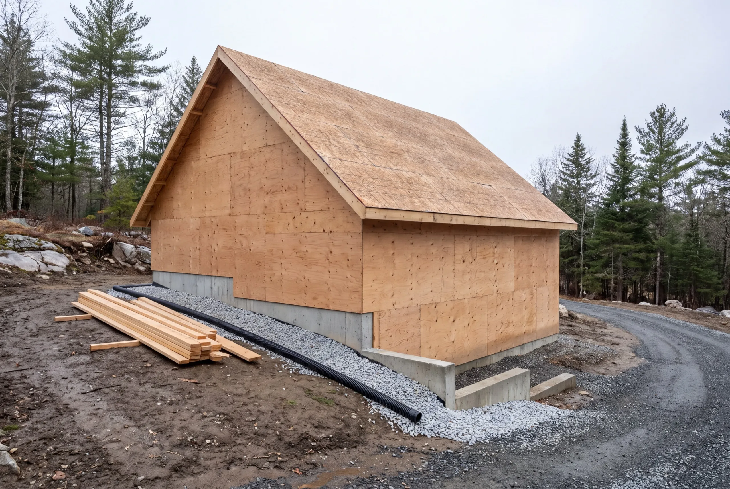 Accessory dwelling unit builder Farmingdale Maine: sheathed small building on a stepped foundation with drain pipe and crushed stone