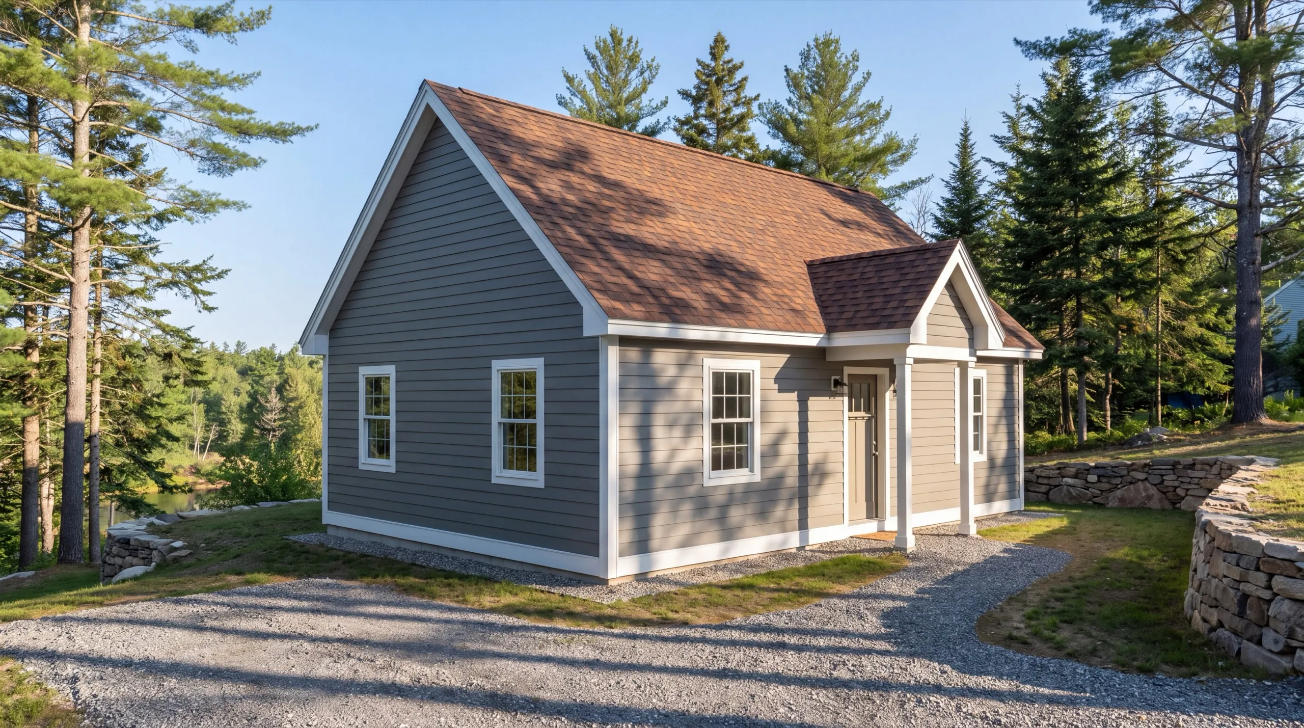 ADU builder Farmingdale Maine: finished gray detached cottage with a gable entry and a gravel drive