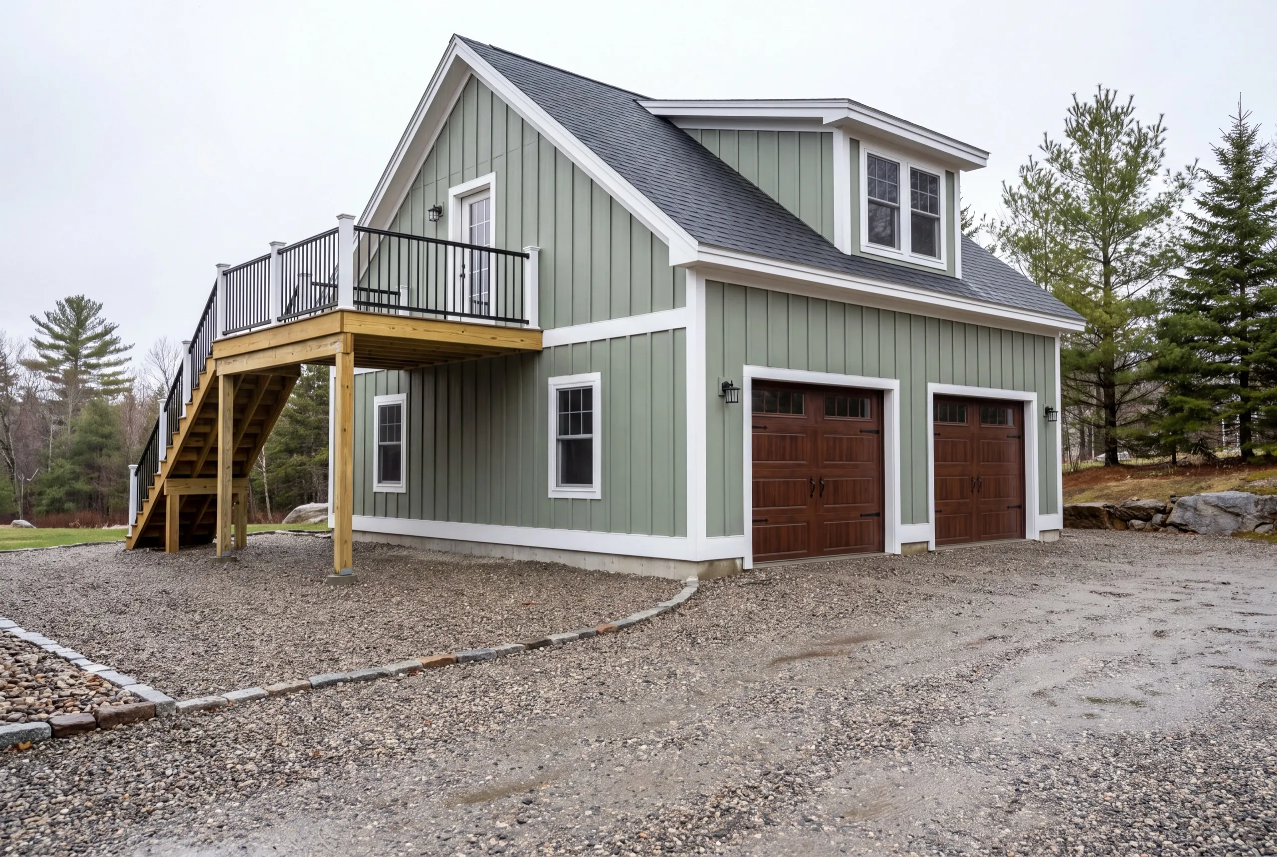Accessory dwelling unit builder Gardiner Maine: green board and batten two-bay garage with dormered living space and a stair deck
