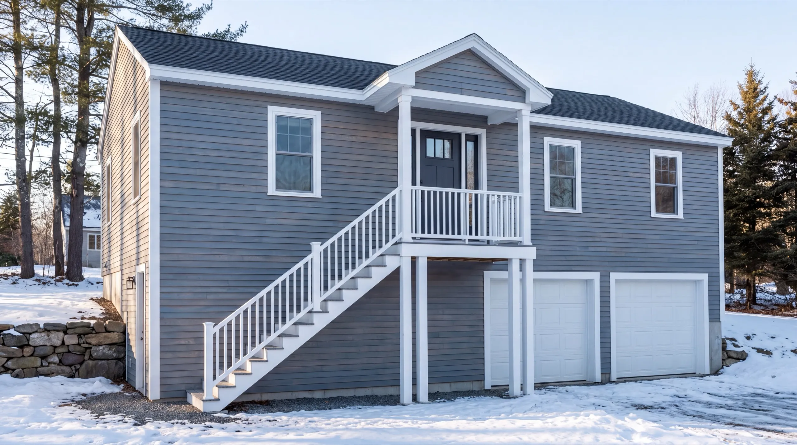 Accessory dwelling unit builder Gardiner Maine: blue-gray two-bay garage with living space above and a stair to a covered entry