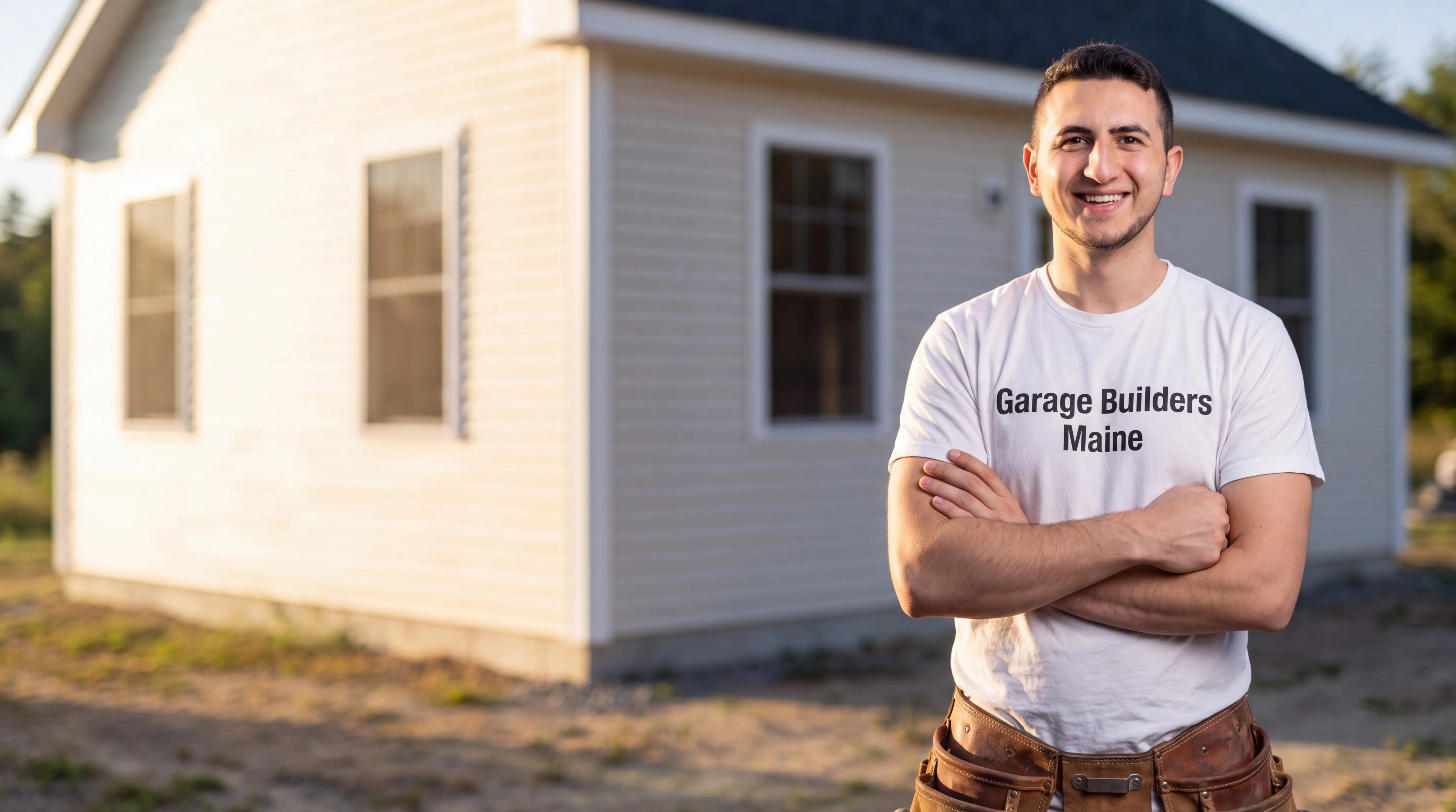 Owner of Garage Builders Maine standing with his arms crossed and smiling at a Maine job site
