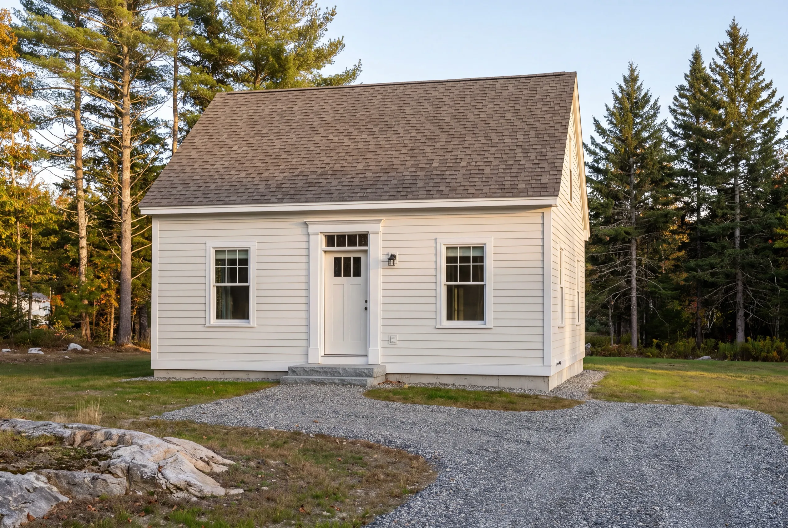 In-law apartment builder Gardiner Maine: finished white detached cape with a gravel drive and lawn around it