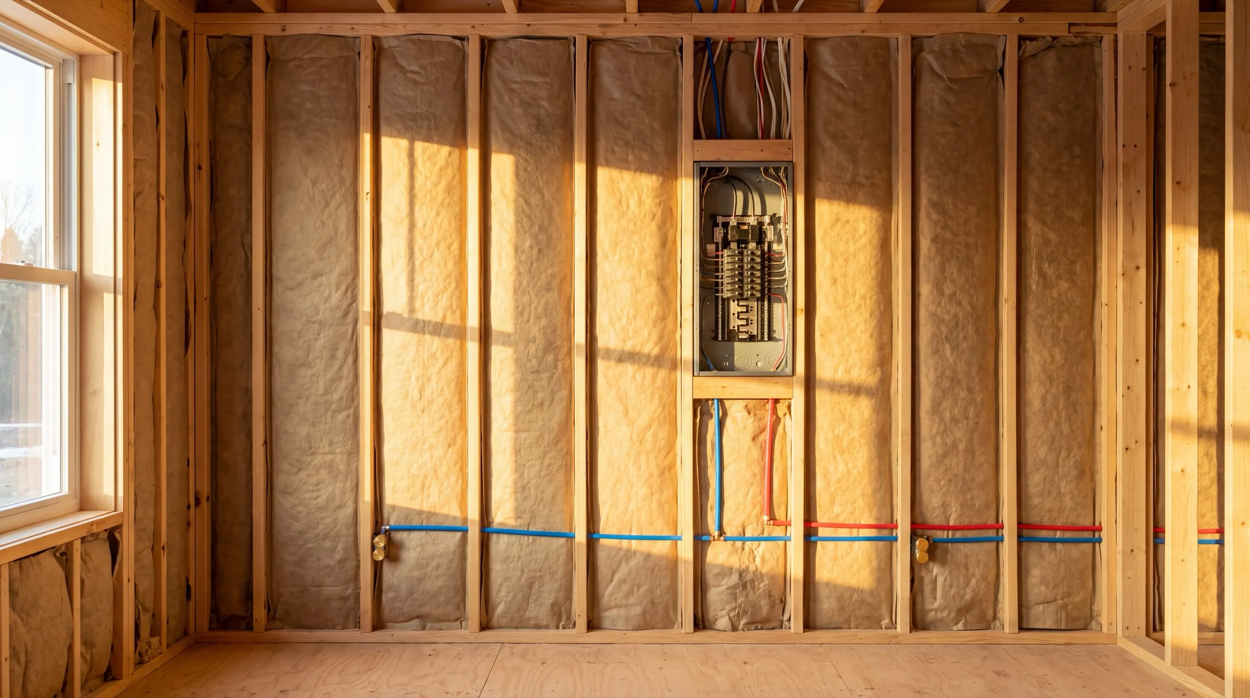 Accessory dwelling unit builder Gardiner Maine: insulated stud wall with an electrical panel and red and blue water lines