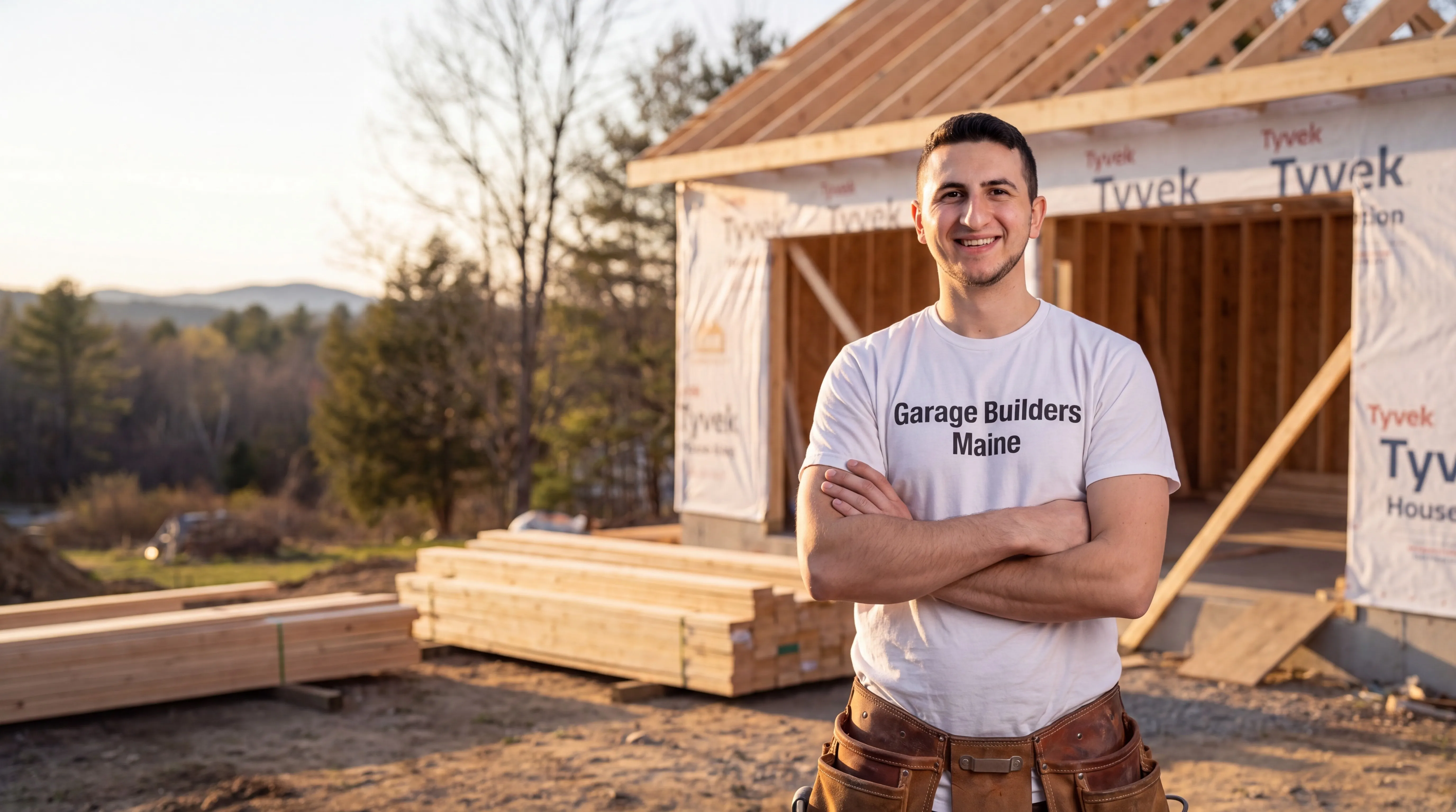 Owner of Garage Builders Maine standing with his arms crossed and smiling at a Maine job site
