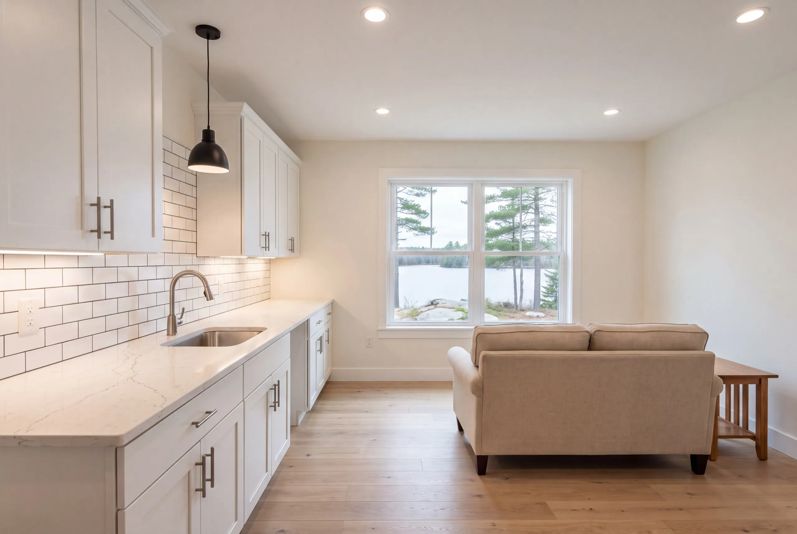 In-law apartment builder Jefferson Maine: small finished room with a white kitchenette, sofa and a water view