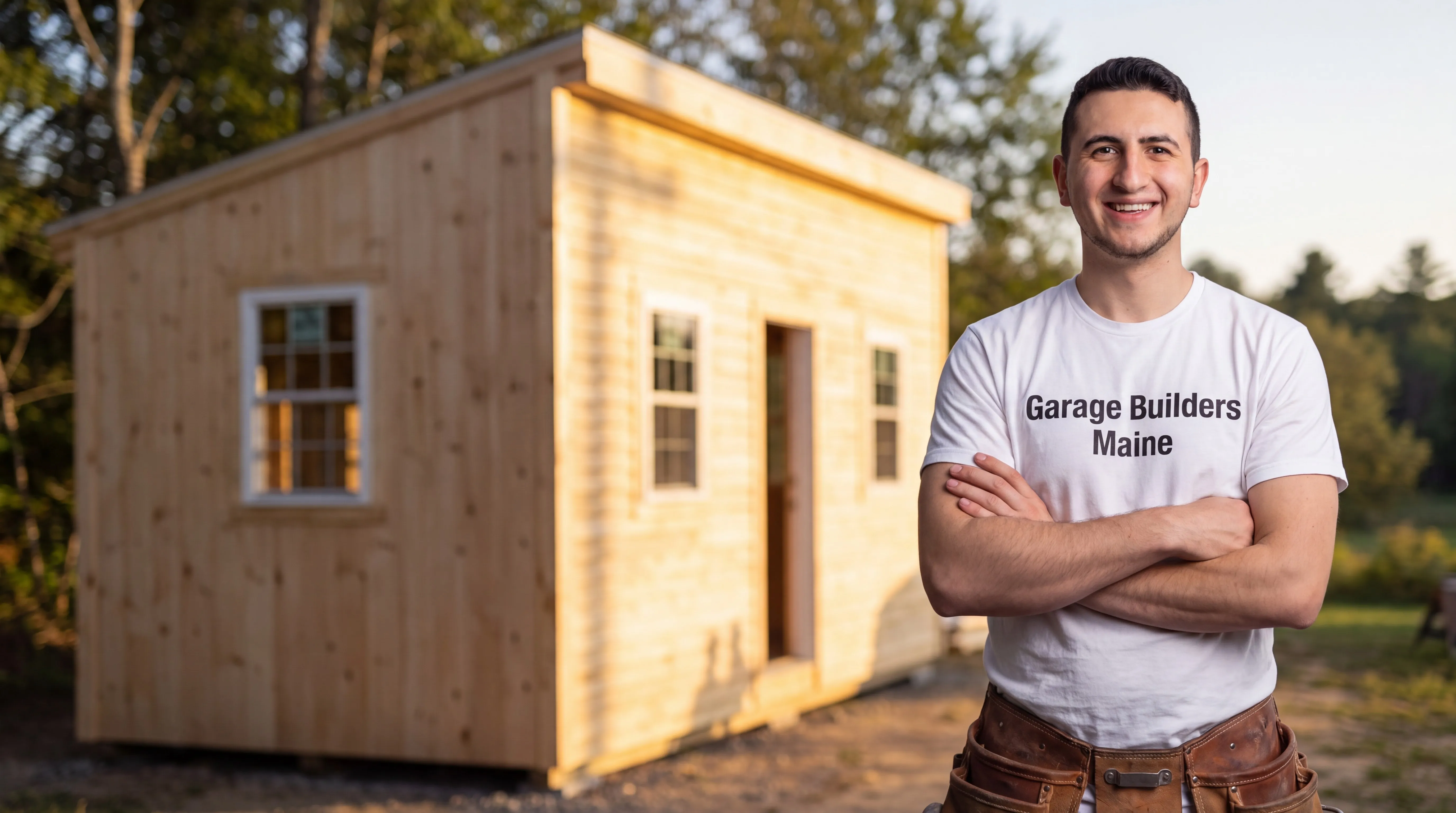 Garage Builders Maine owner with arms crossed in front of a small unpainted pine shed-roof building in Jefferson, Maine