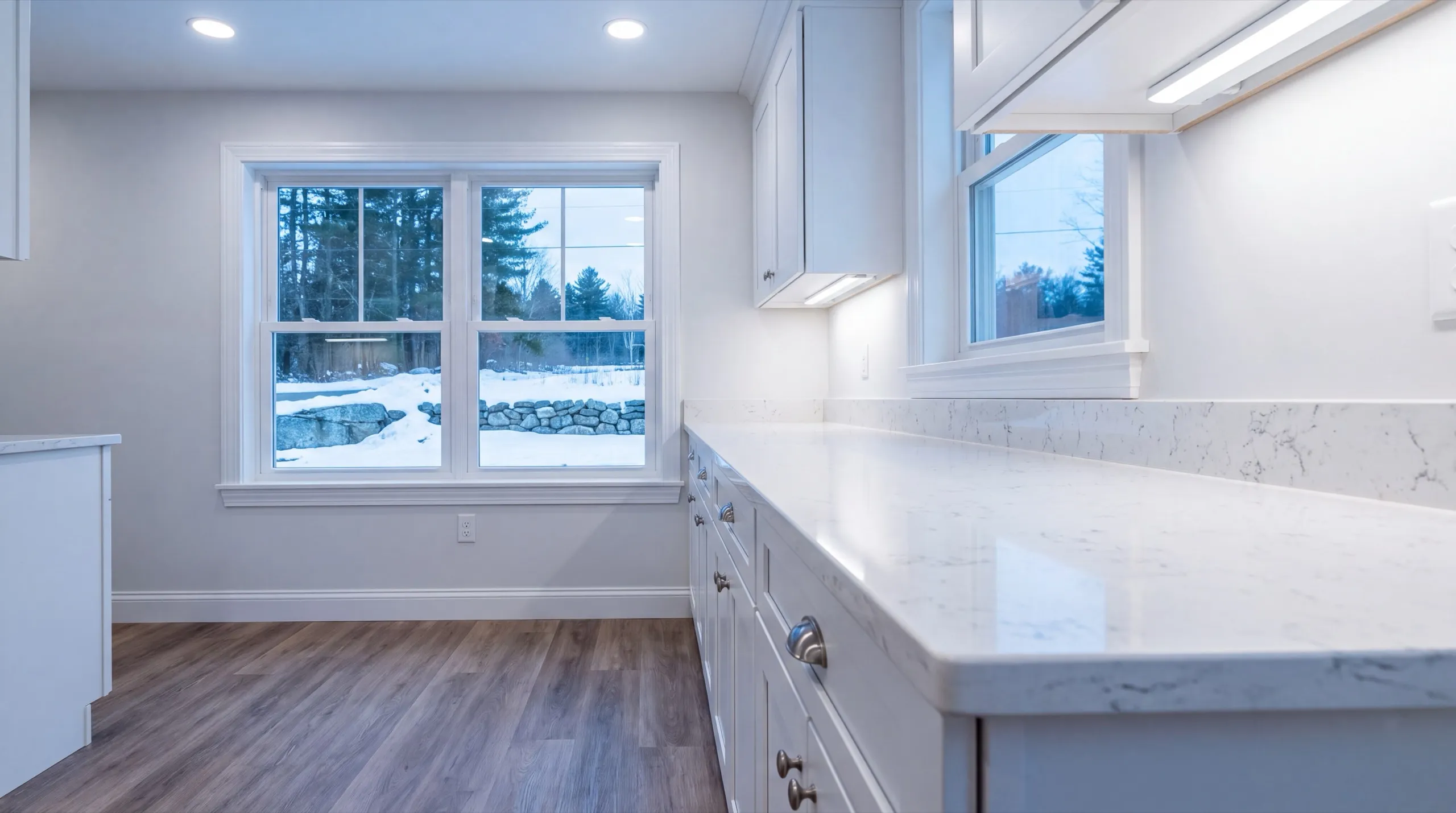 ADU builder Litchfield Maine: white kitchenette with a stone counter and a double window looking onto snow