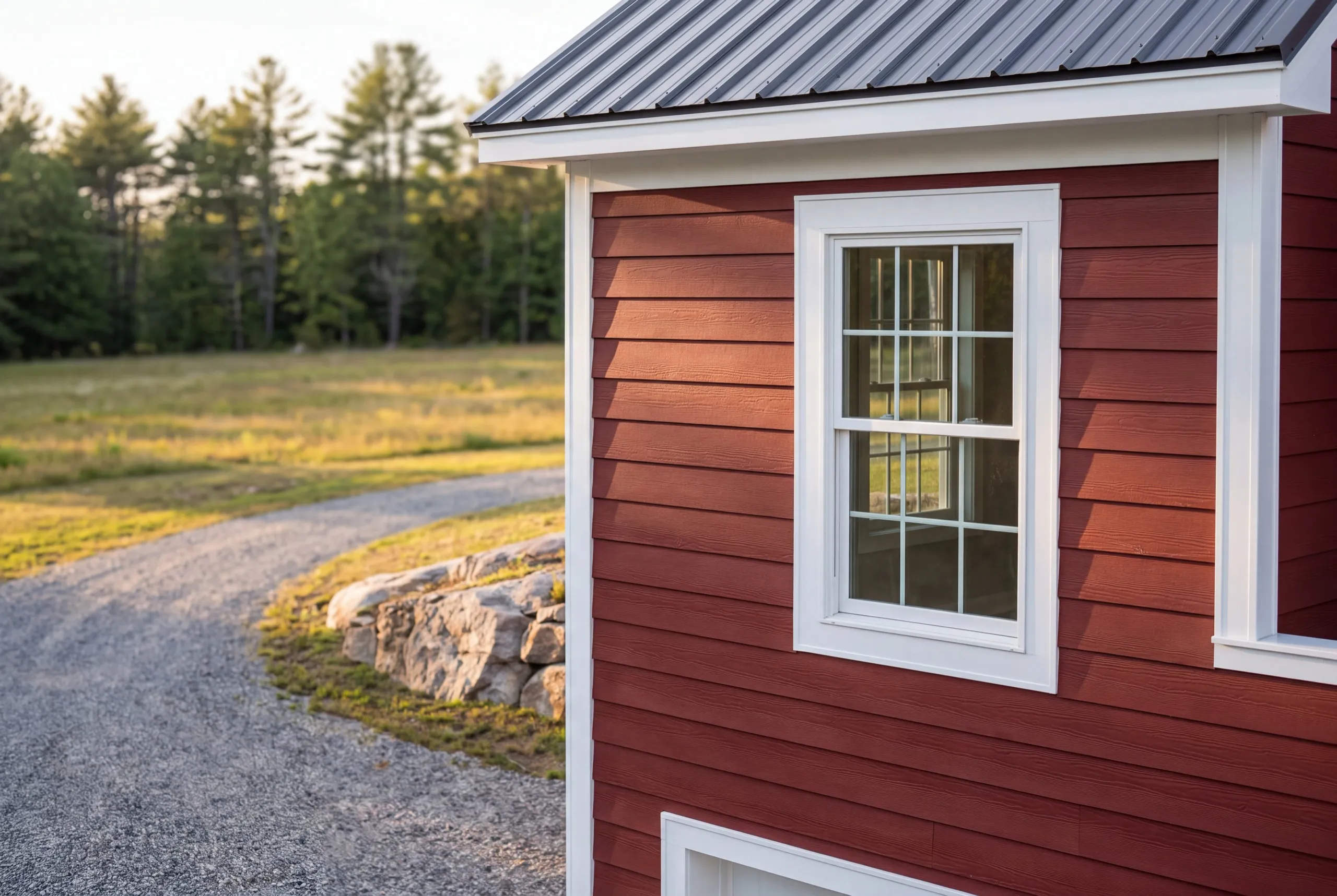 Close view of a red lap-sided wall and window under a metal roof in Litchfield, Maine