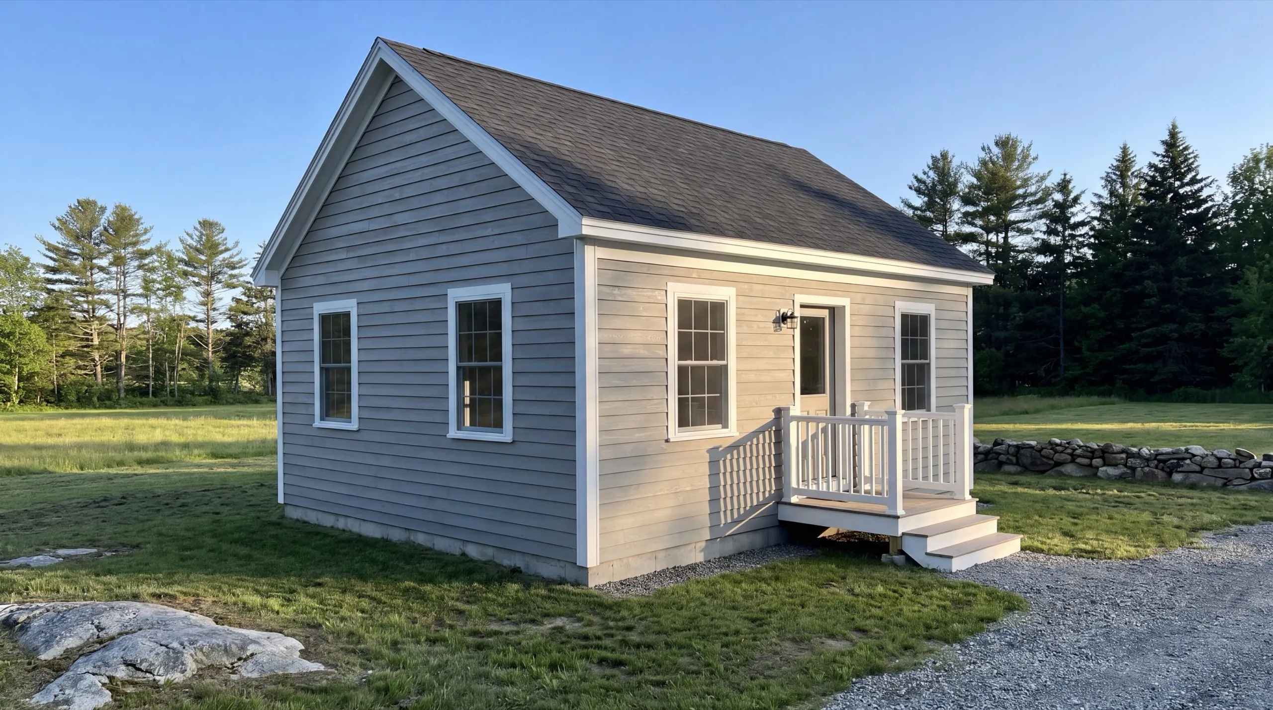 ADU builder in Litchfield, ME: finished gray one-story cottage with a small railed porch in an open field