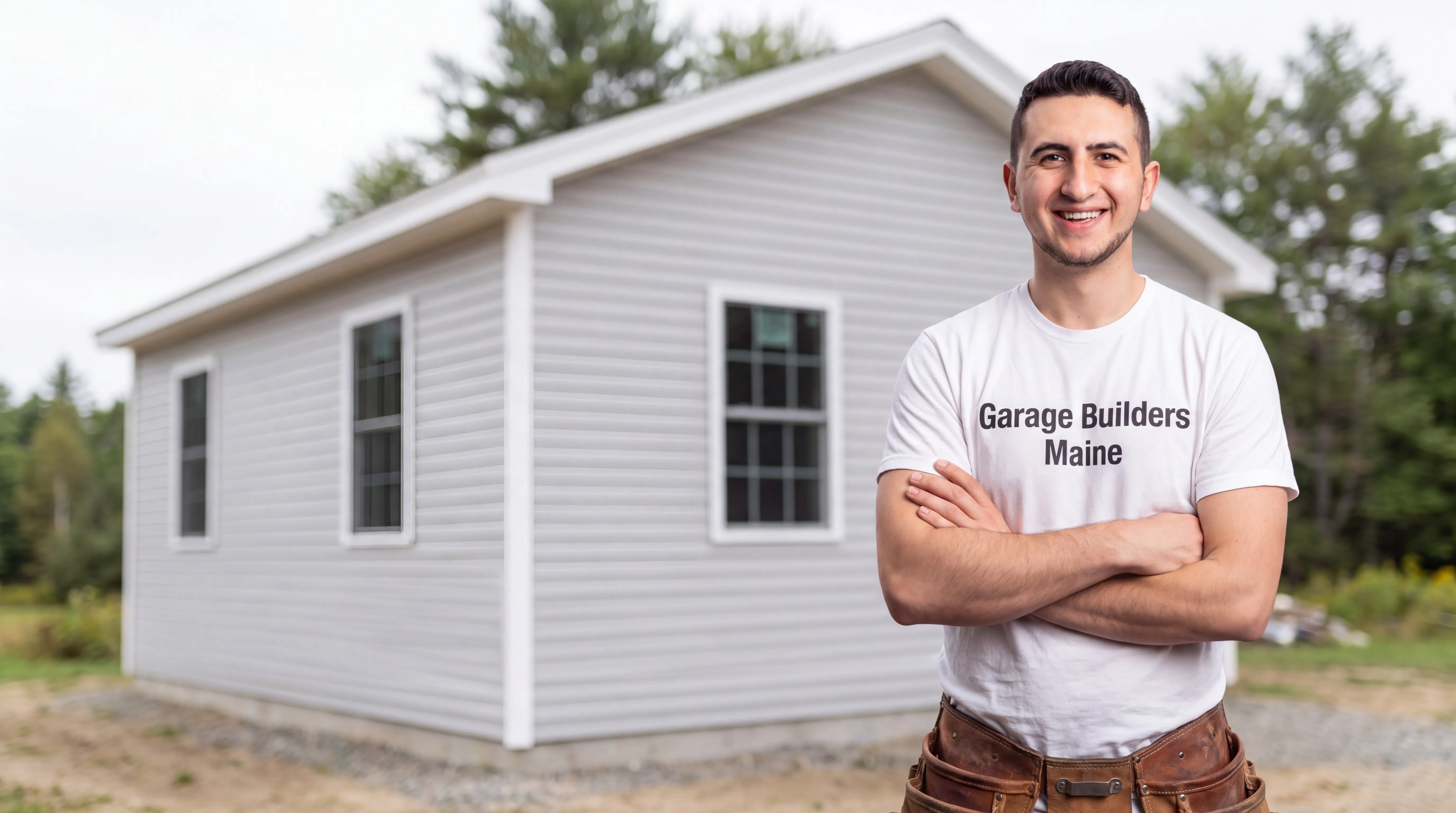 Owner of Garage Builders Maine standing with his arms crossed and smiling at a Maine job site