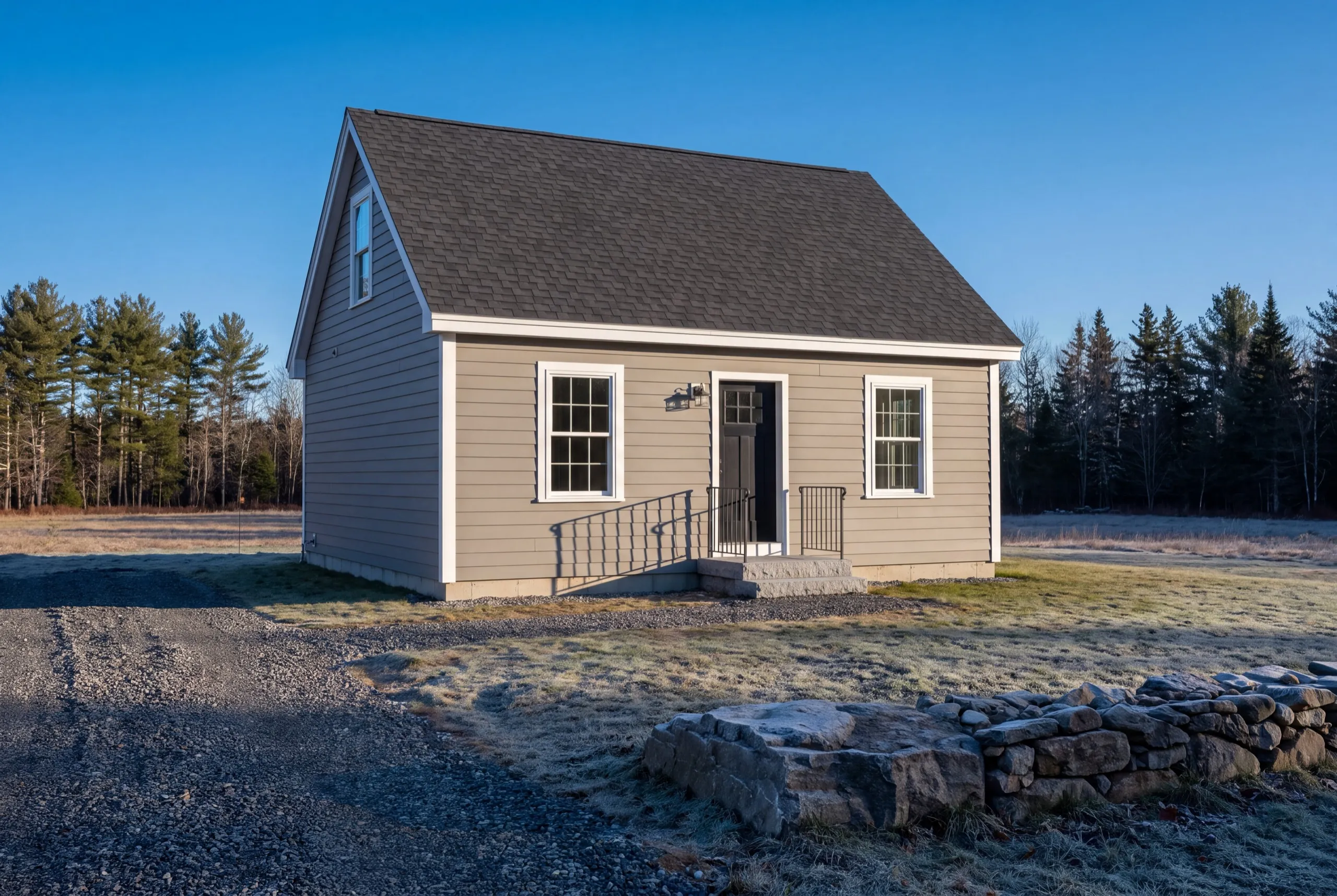 In-law apartment builder Litchfield Maine: finished tan detached cape with a black rail stoop on an open lot
