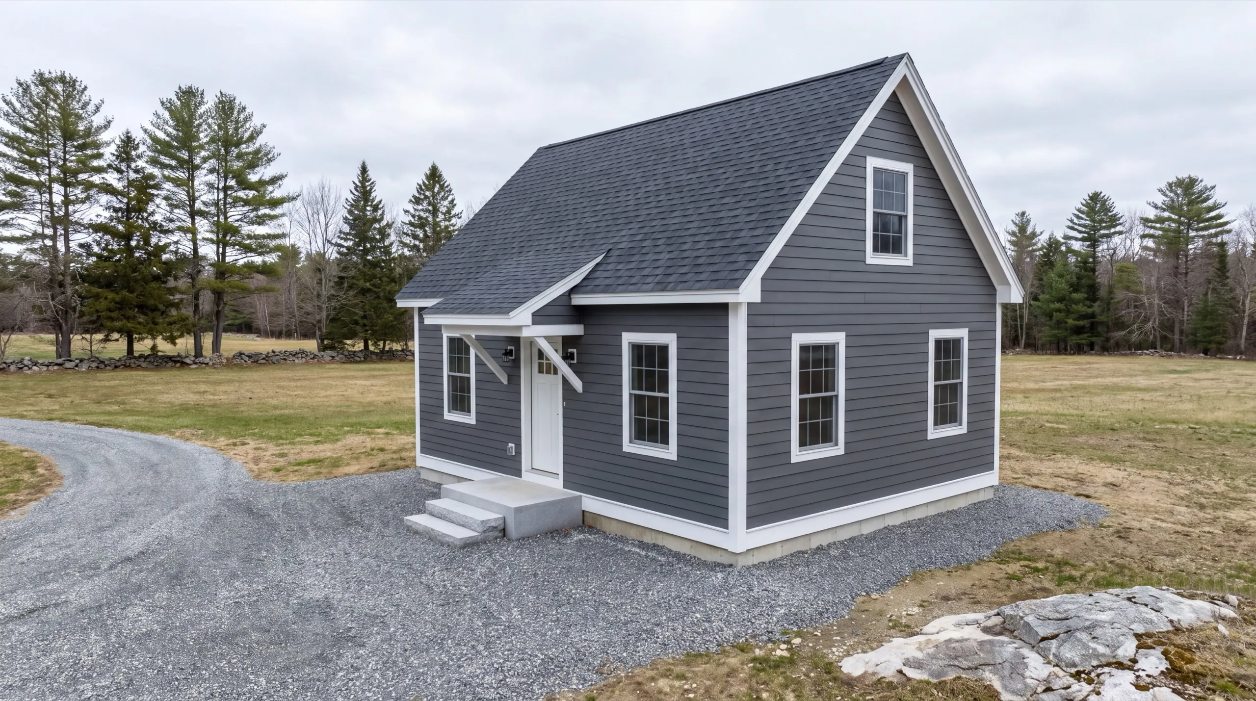 ADU builder Litchfield Maine: finished gray detached cottage with a small gable entry on a gravel drive