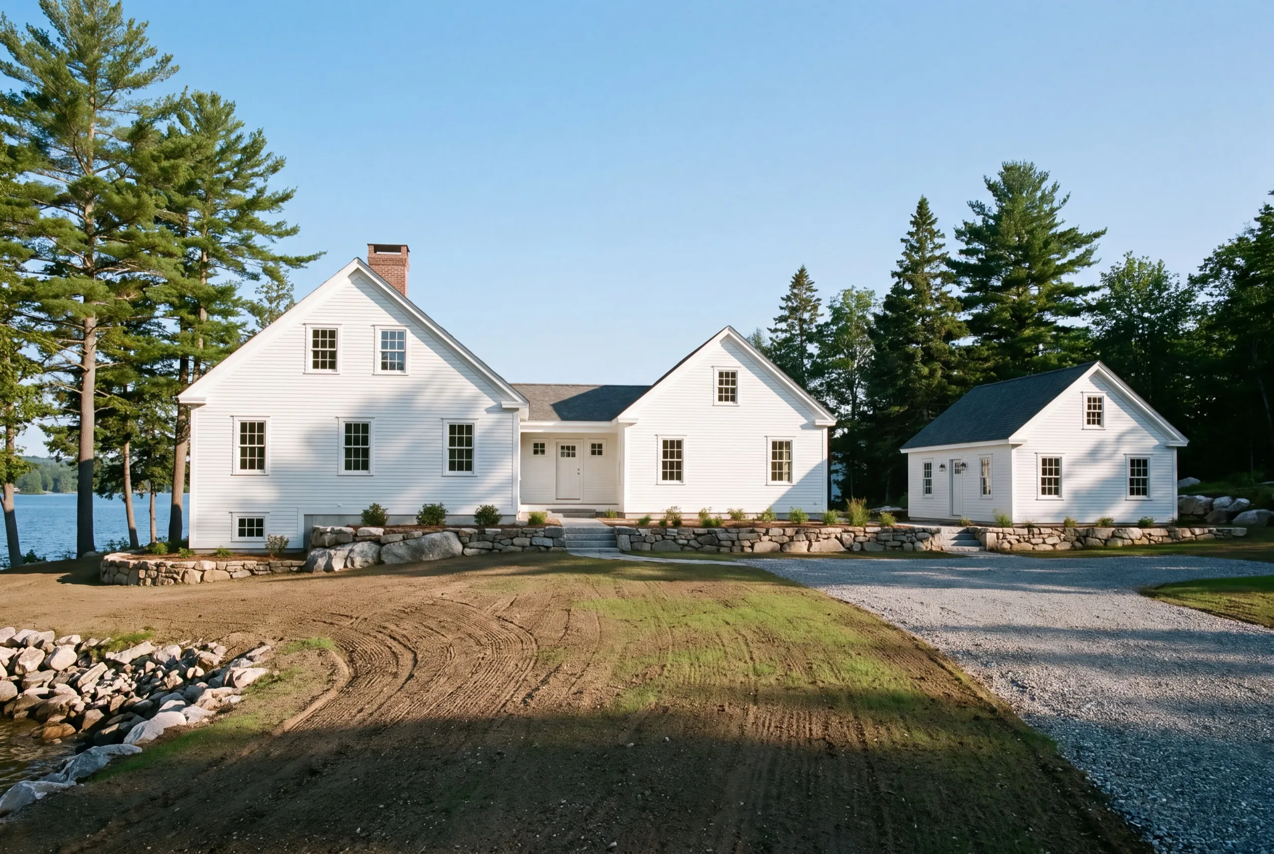 ADU builder Manchester Maine: white house with an attached wing and a separate small detached cottage