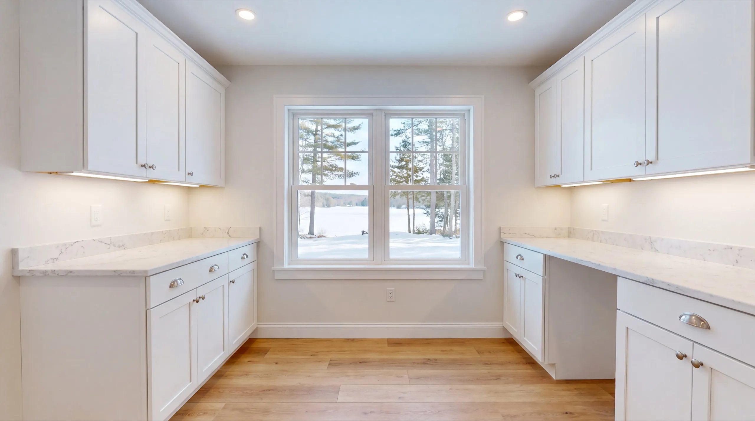 ADU builder Manchester Maine: white kitchenette with stone counters on both walls and a double window