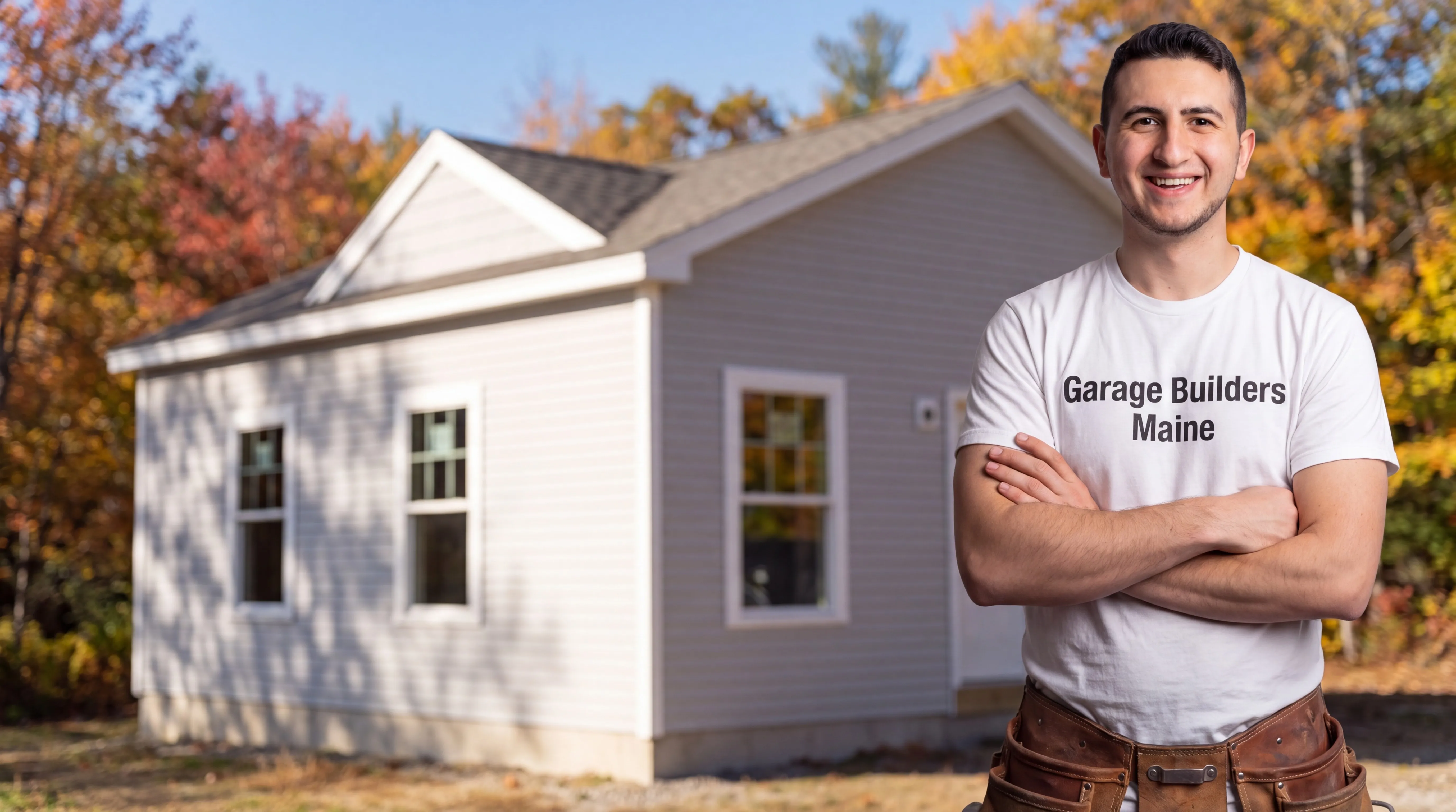 ADU builder Manchester Maine: owner with arms crossed in front of a finished gray one-story house