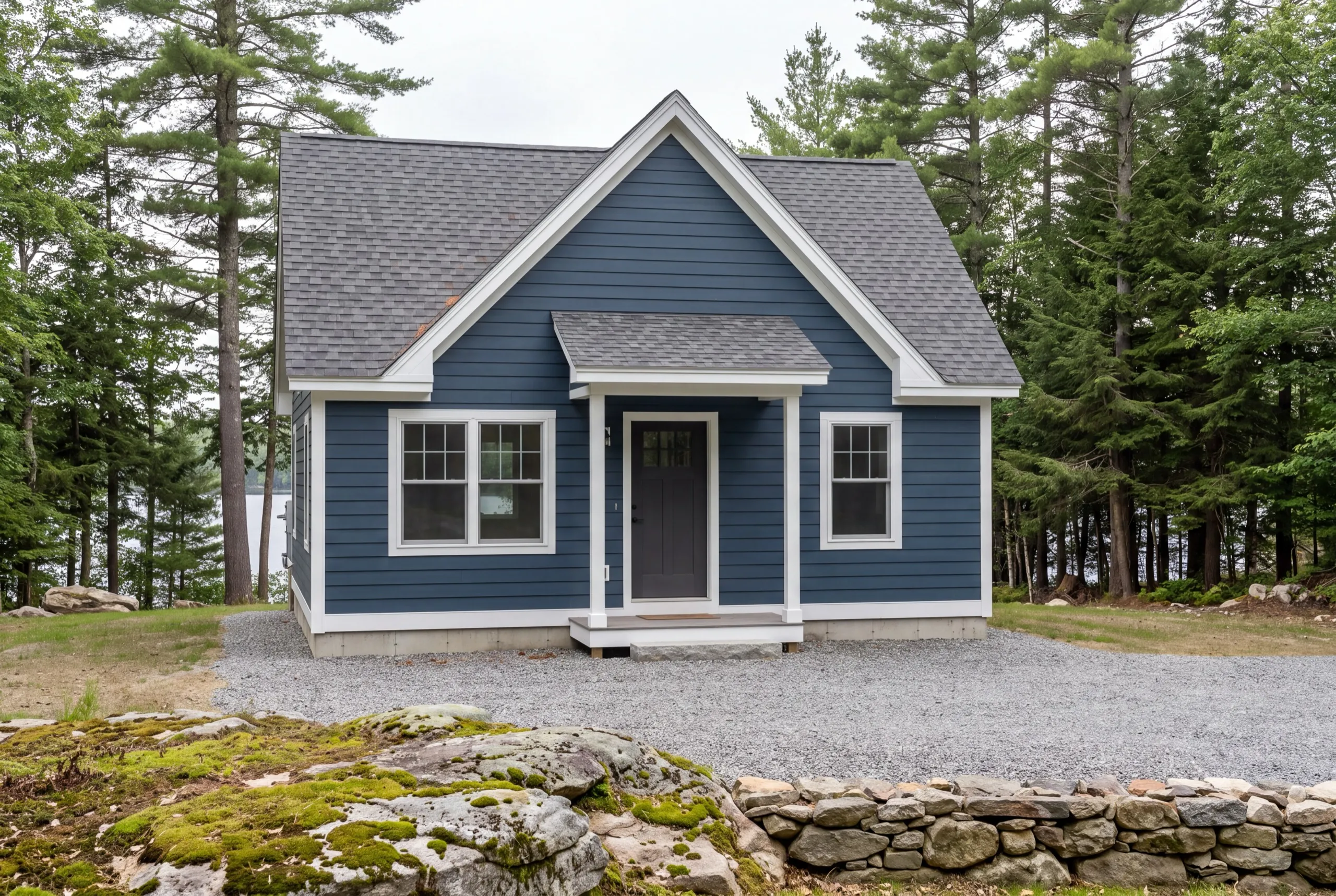 Accessory dwelling unit builder Manchester Maine: finished blue detached cottage with a gable entry on a gravel pad