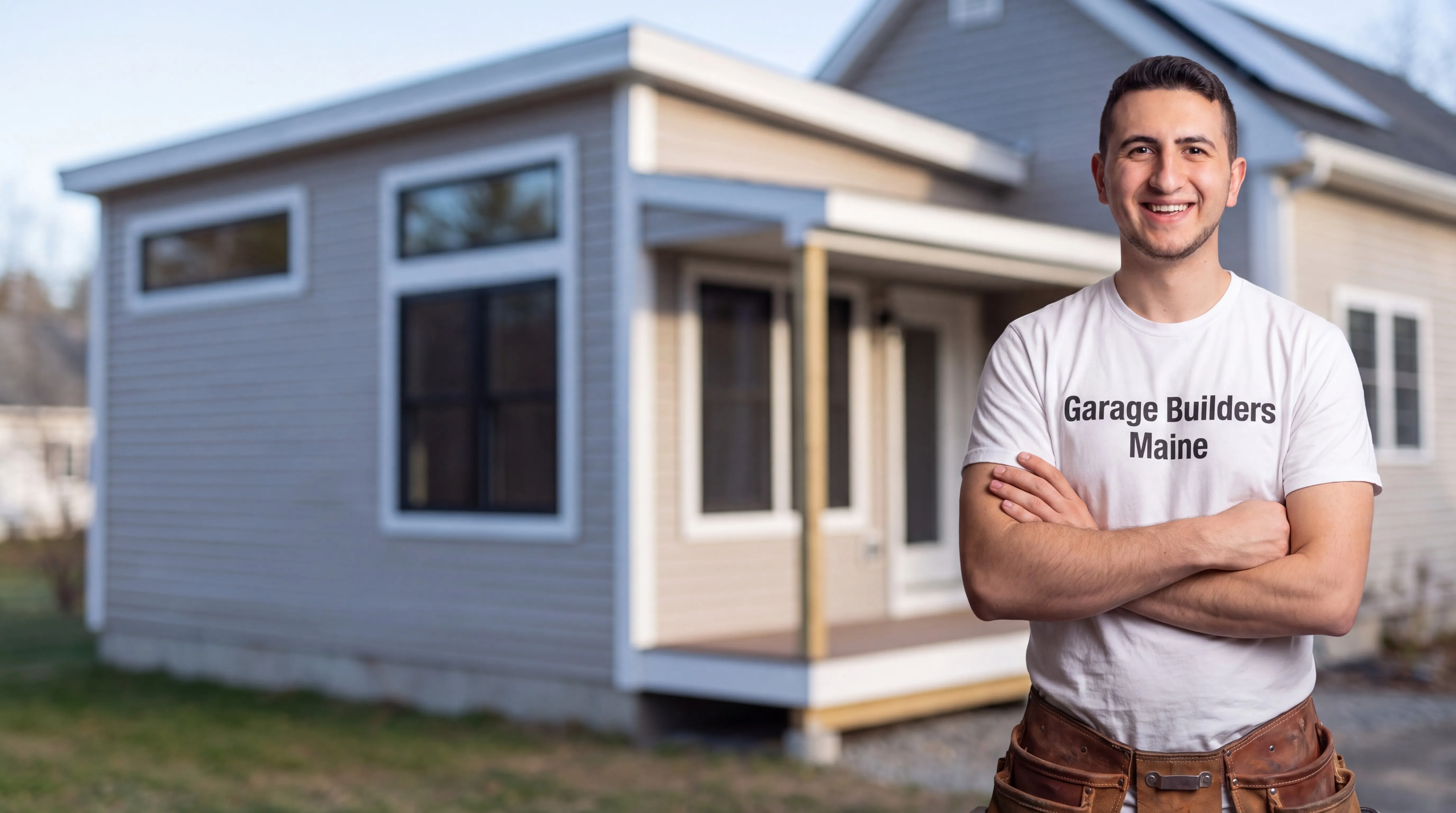 Owner of Garage Builders Maine standing with his arms crossed and smiling at a Maine job site