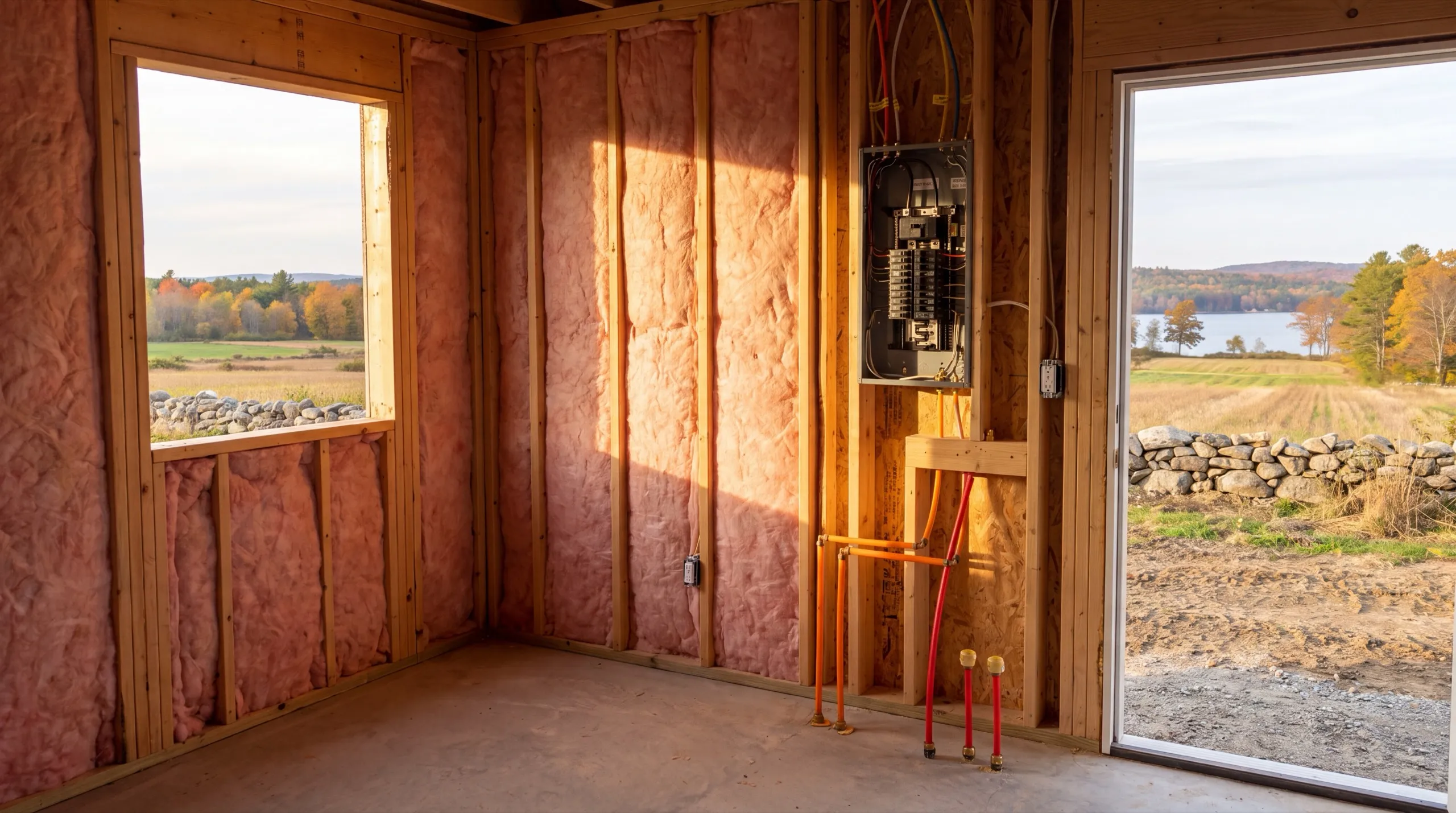 Accessory dwelling unit builder Monmouth Maine: insulated stud walls with an open electrical panel and water lines stubbed up