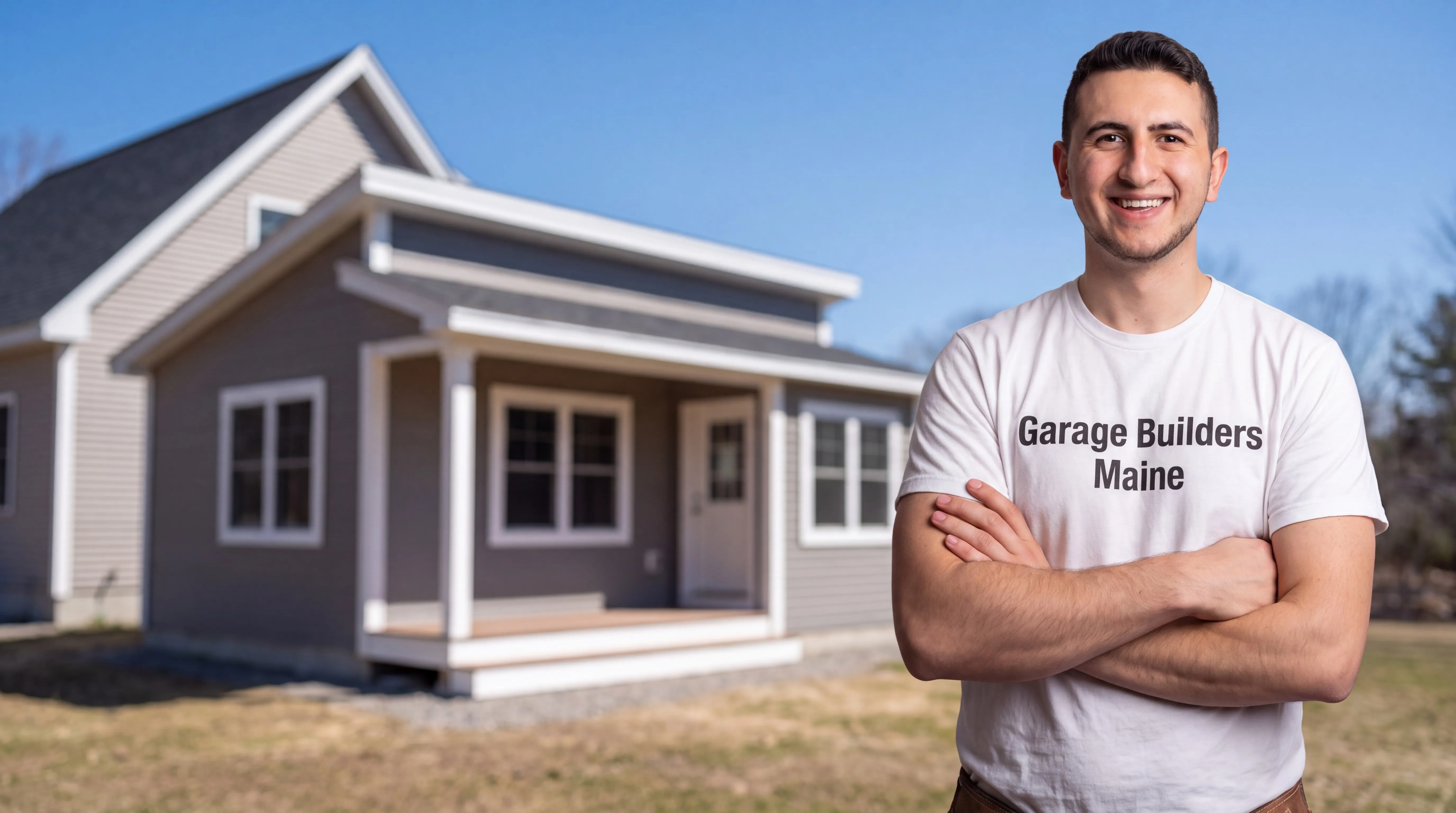 Owner of Garage Builders Maine standing with his arms crossed and smiling at a Maine job site