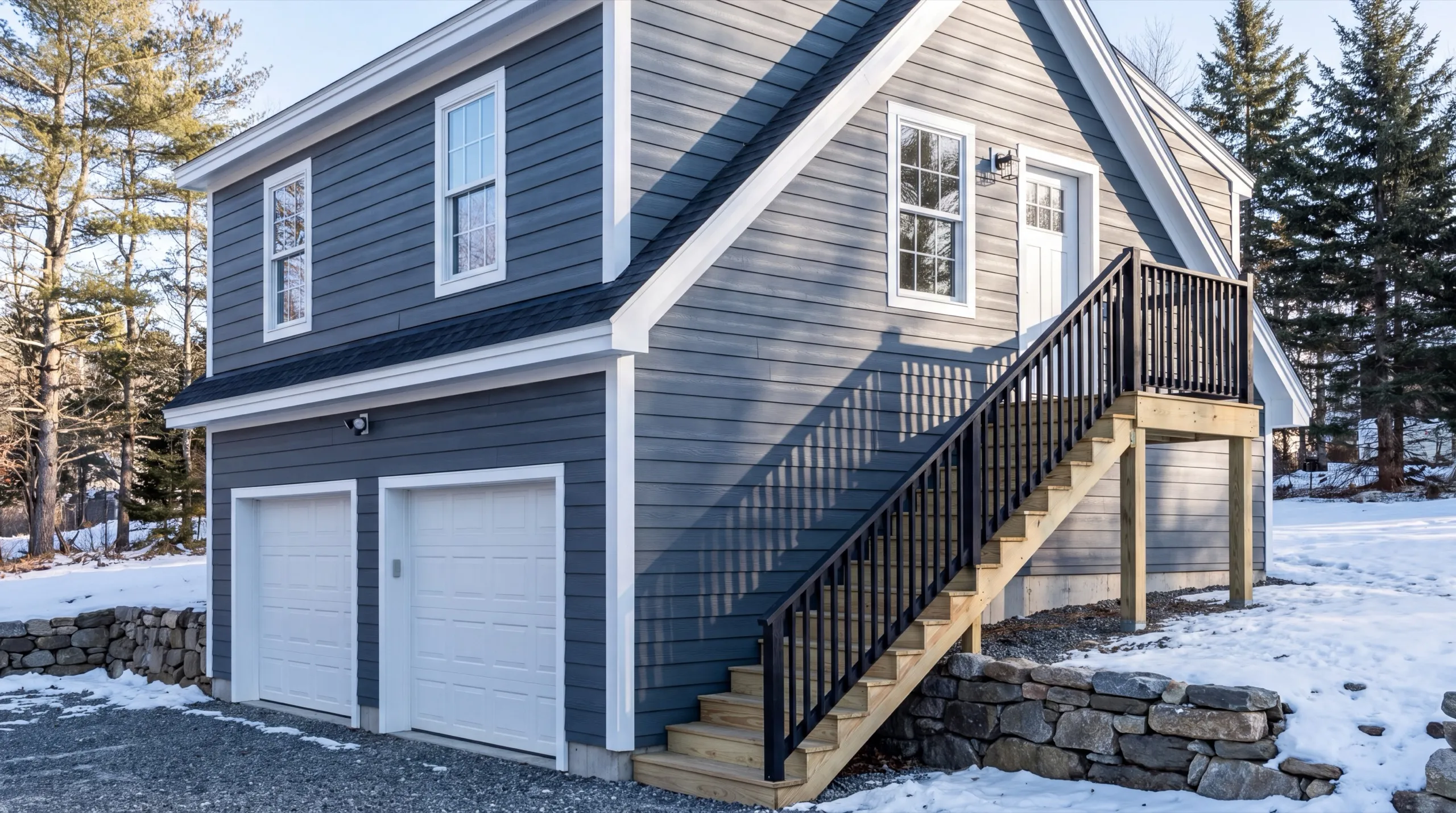 Accessory dwelling unit builder Randolph Maine: finished blue two-bay garage with an apartment above and an exterior stair in snow