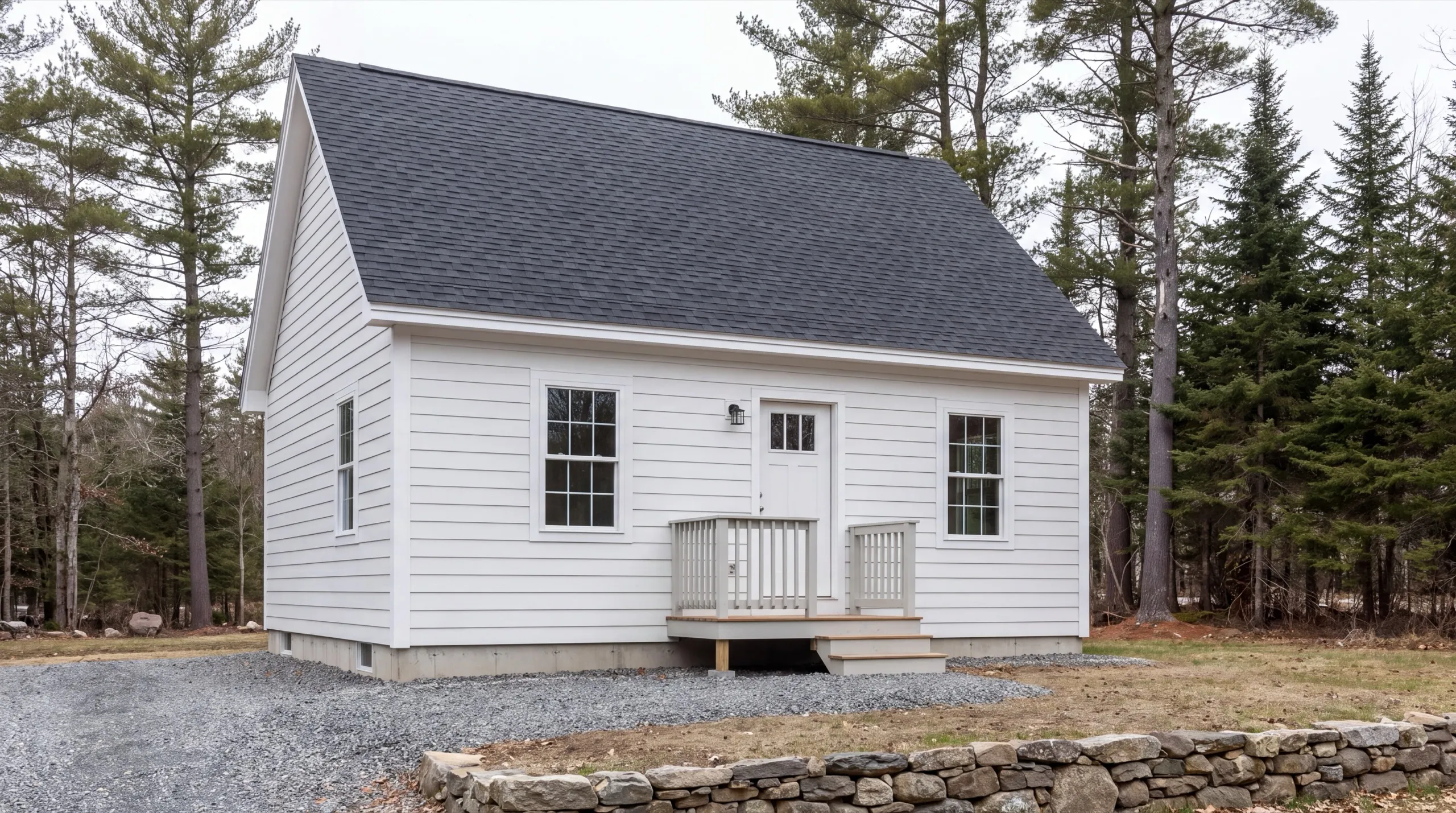 ADU builder in Randolph, ME: finished small white cottage with a dark roof and a small entry deck