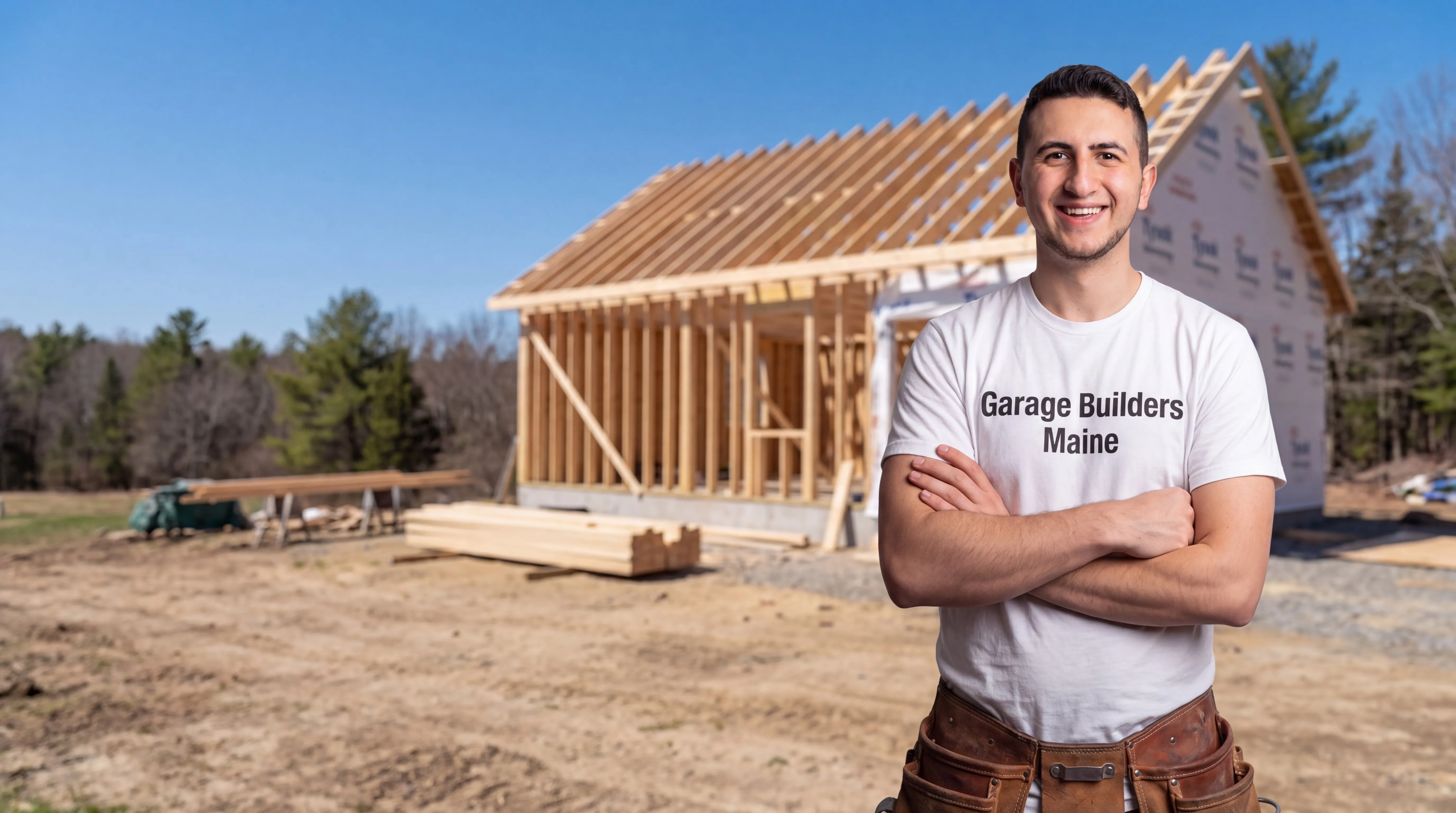 ADU builder Randolph Maine: owner with arms crossed in front of a framed small building with roof trusses