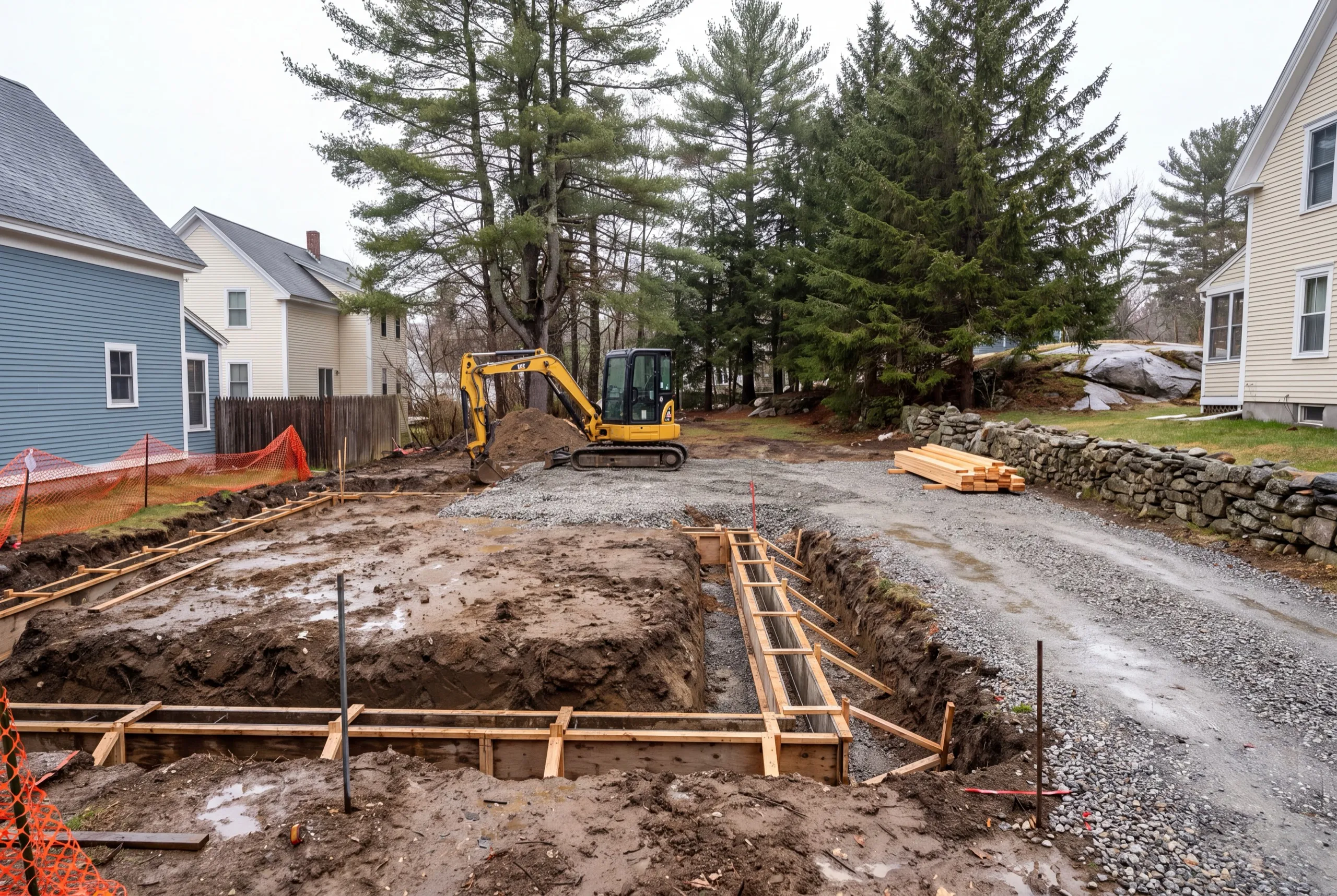 Footing forms in an excavation between houses with a mini excavator and lumber in Randolph, Maine