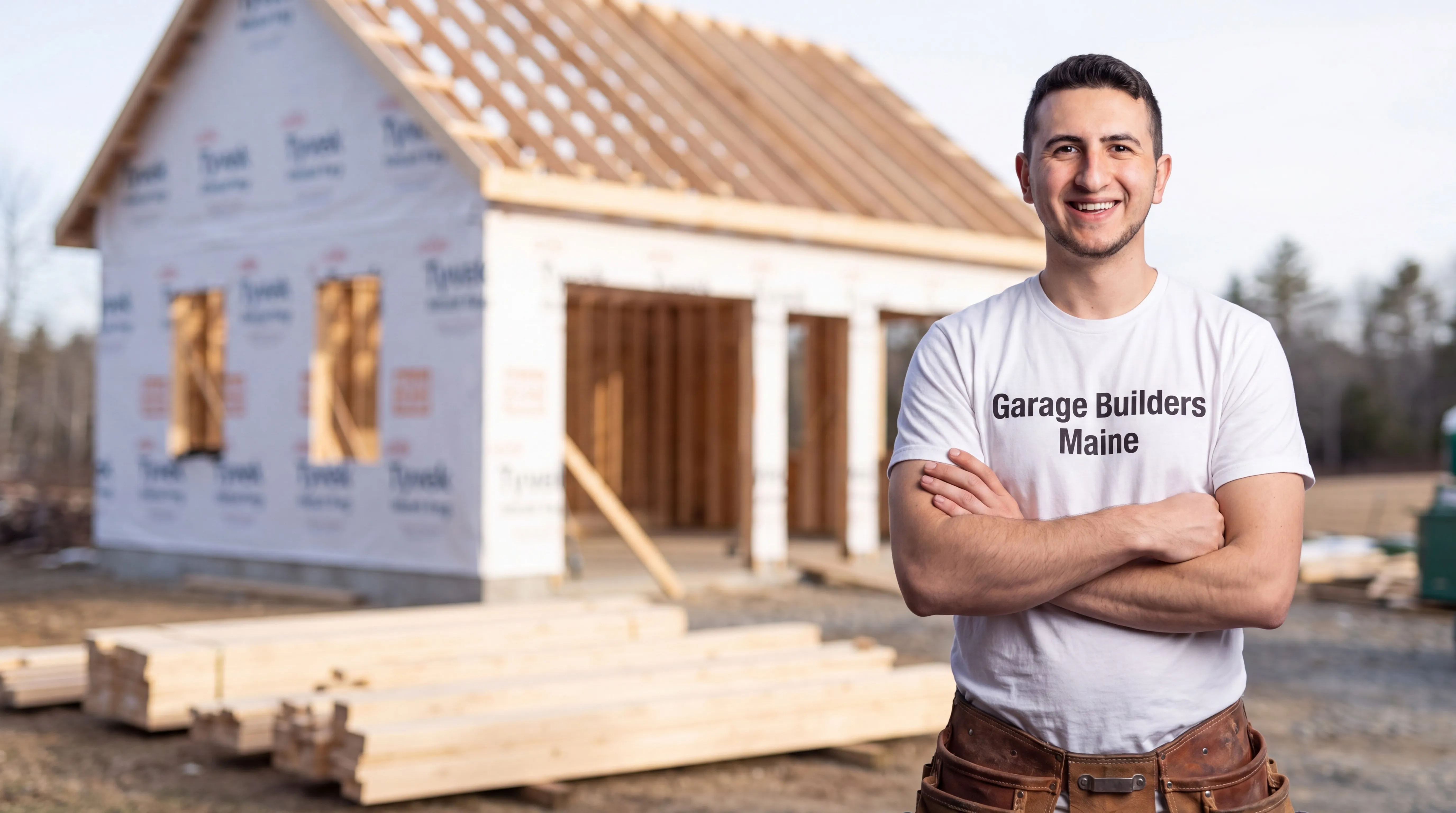 ADU builder Richmond Maine: owner with arms crossed in front of a small framed building in house wrap
