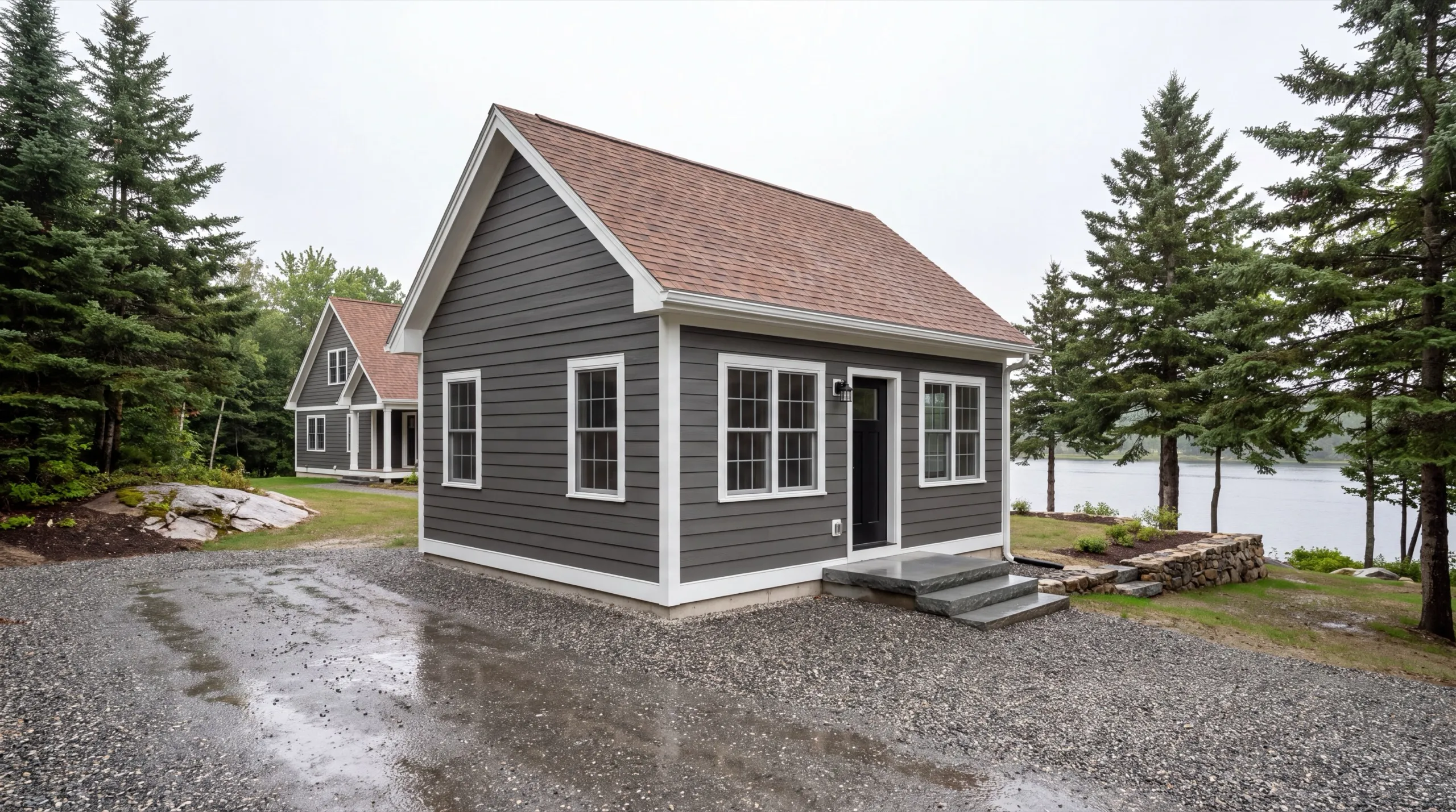 ADU builder Richmond Maine: finished small gray cottage with a brown roof on a gravel drive