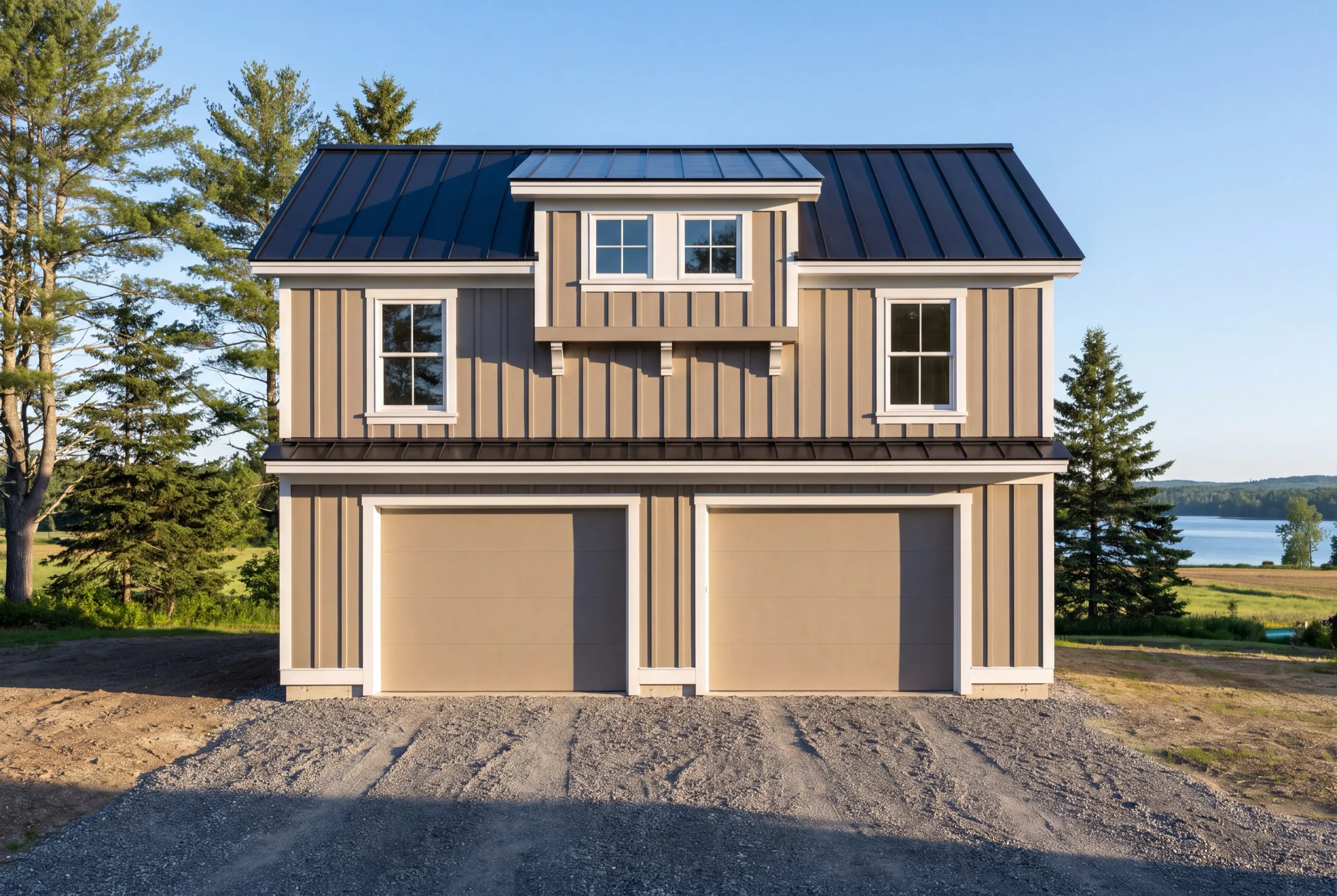 Accessory dwelling unit builder Sidney Maine: finished tan board and batten two-bay garage with an apartment and dormer above