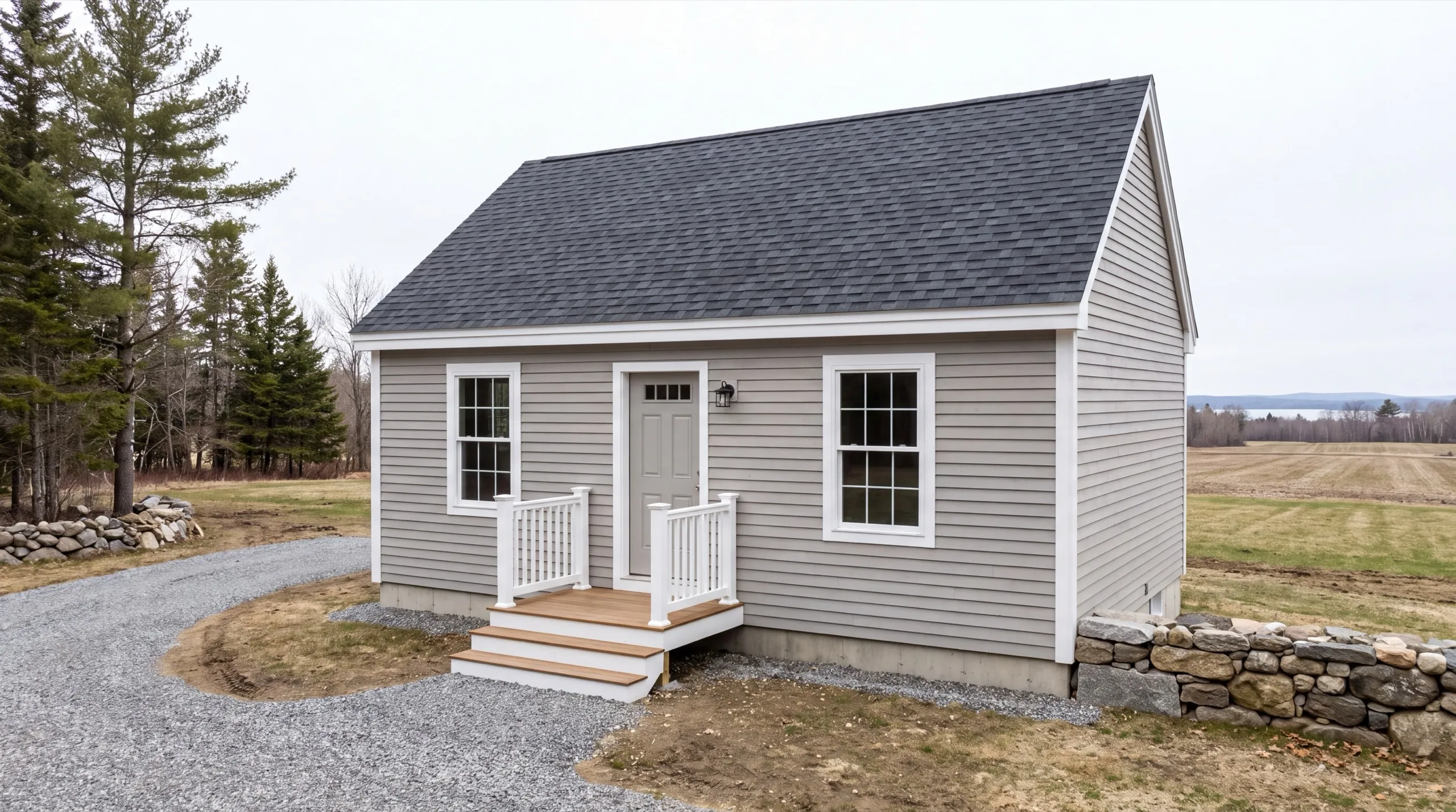 ADU builder in Sidney, ME: finished small gray cottage with a small entry deck on a gravel drive