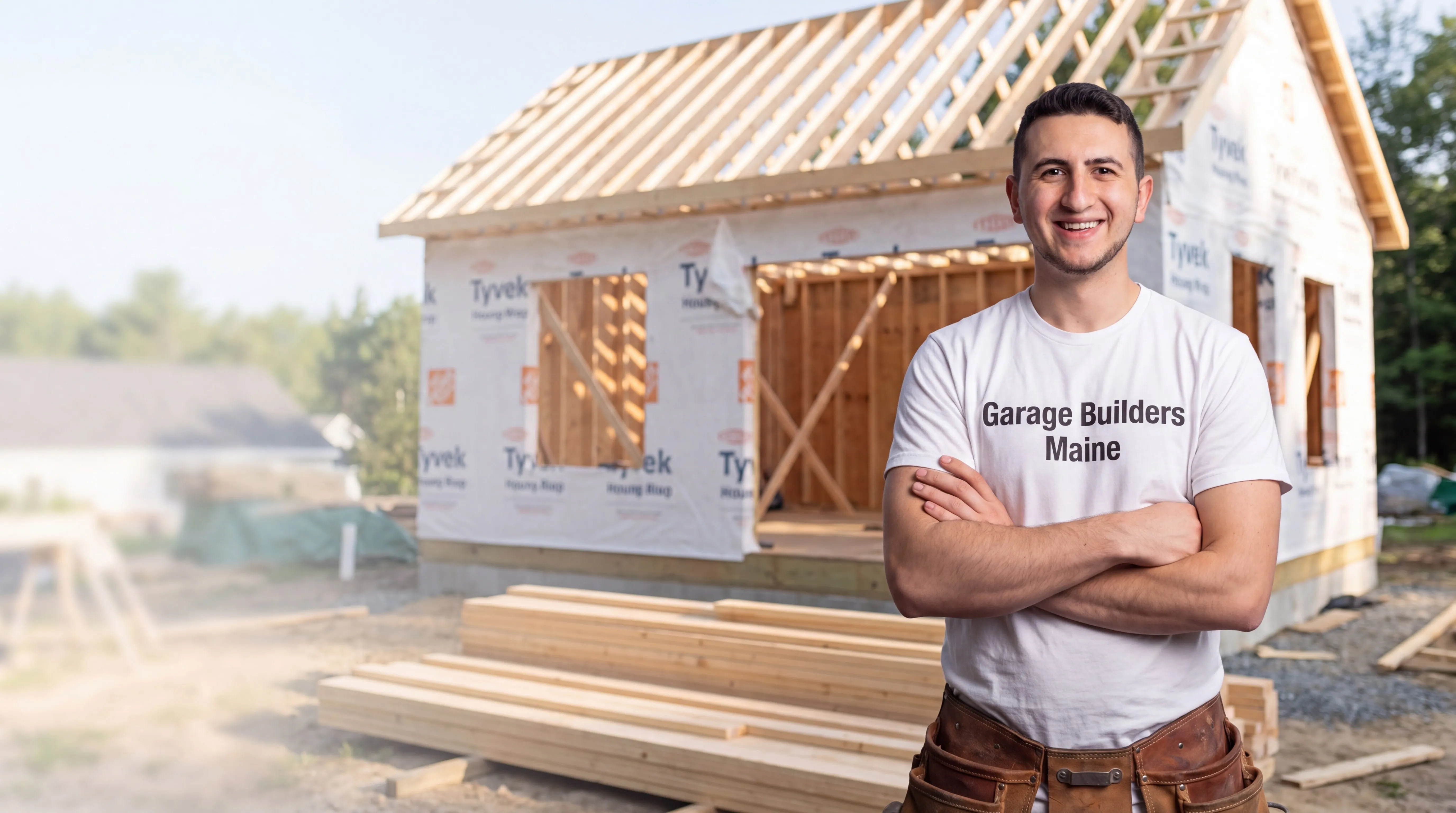 Owner of Garage Builders Maine standing with his arms crossed and smiling at a Maine job site
