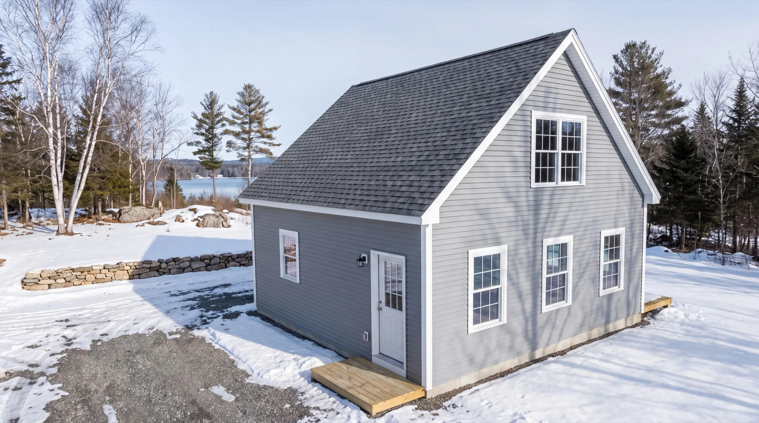 ADU builder Sidney Maine: finished small gray cottage with a gable window and side door in snow