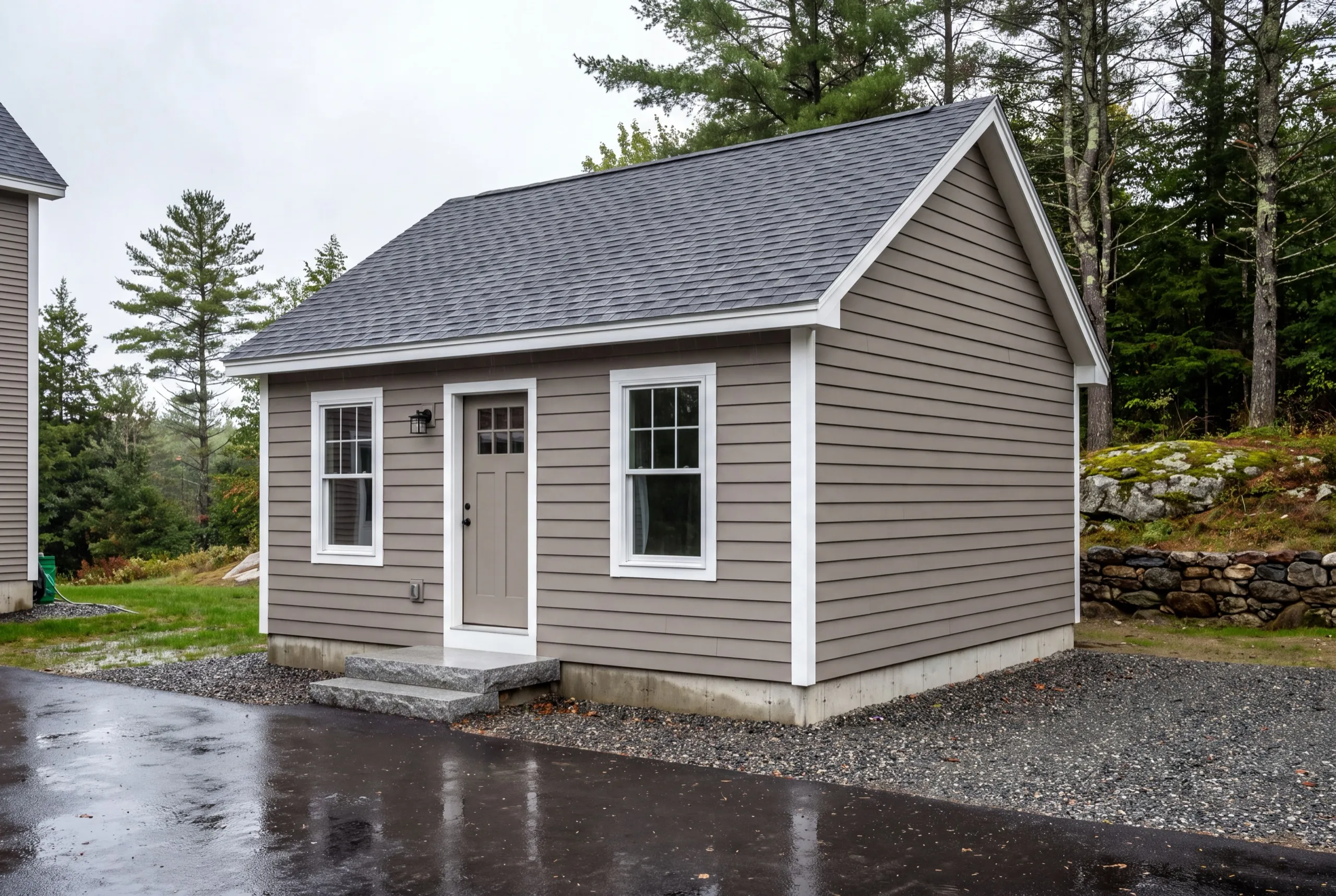 In-law apartment builder Central Maine: finished small tan cottage on a concrete foundation beside the main house