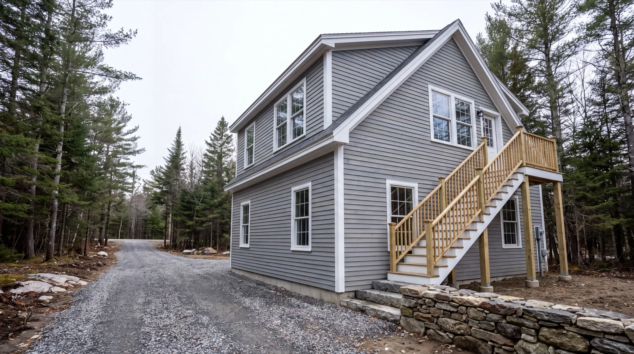 Accessory dwelling unit builder Vassalboro Maine: finished gray two-story dwelling with an exterior stair to an upper entry