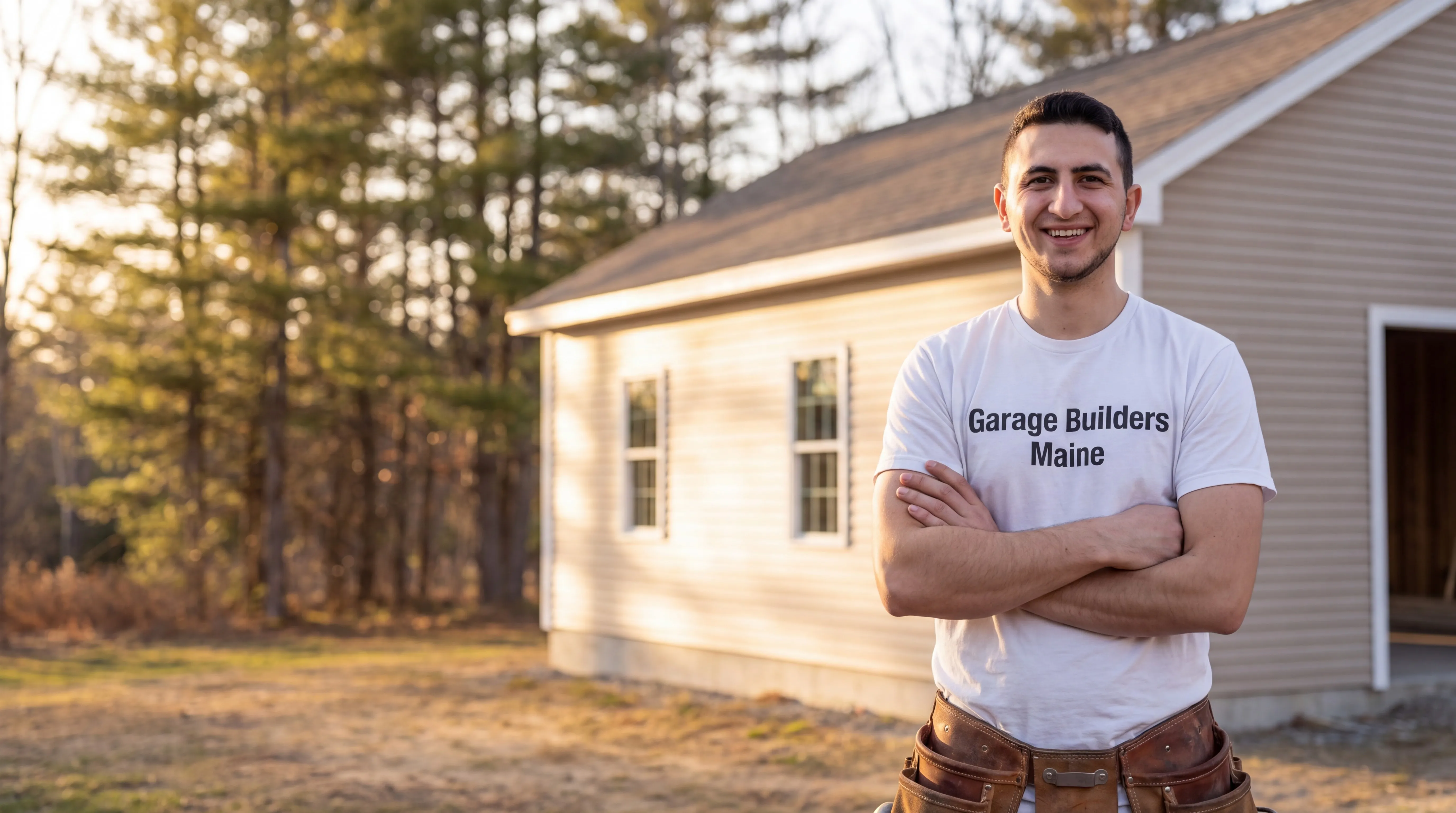 Owner of Garage Builders Maine standing with his arms crossed and smiling at a Maine job site