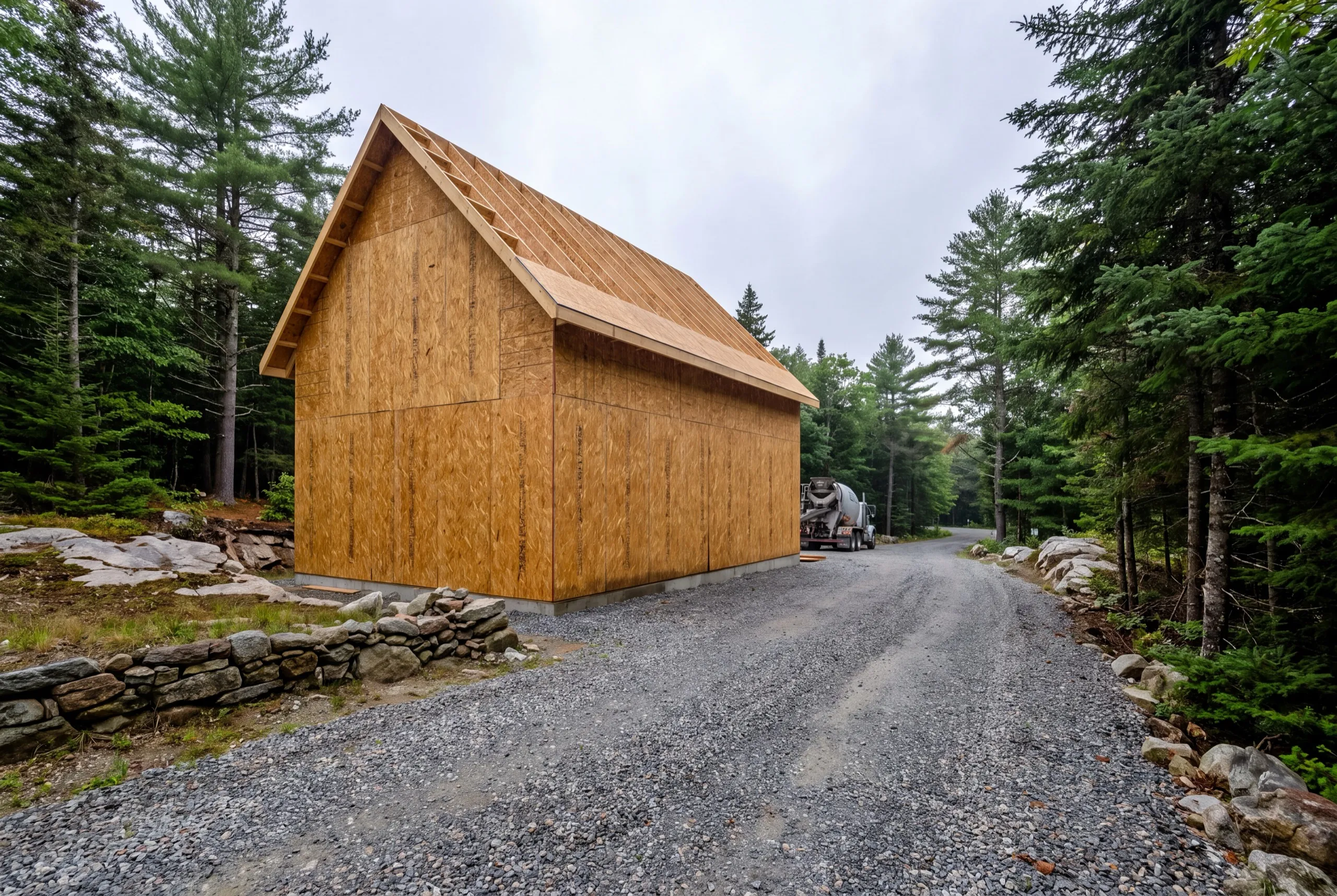 Accessory dwelling unit builder Vassalboro Maine: sheathed shell with roof rafters set on a long gravel drive in the woods