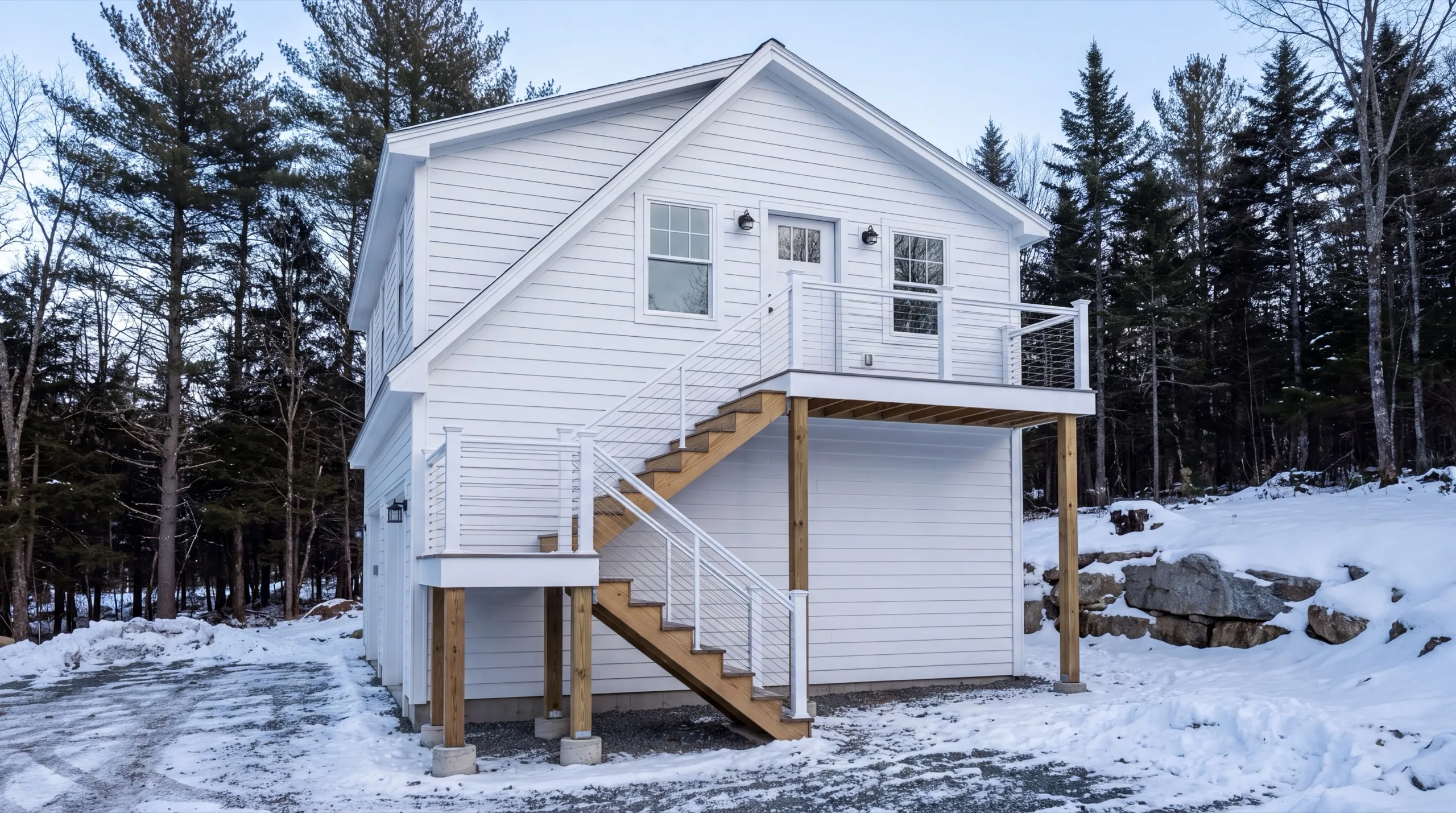 Accessory dwelling unit builder West Gardiner Maine: finished white two-story unit with a stair to an upper deck and entry