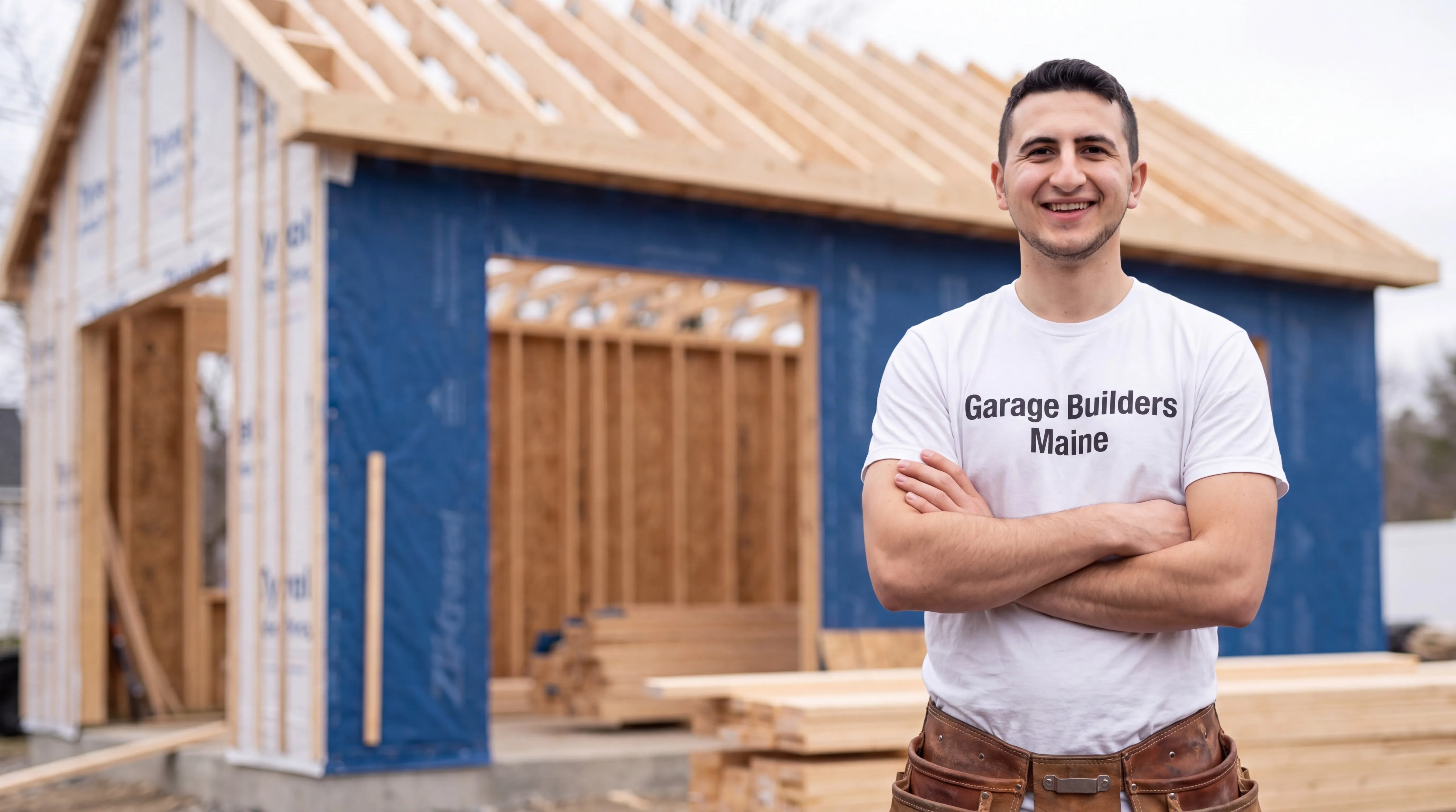 Owner of Garage Builders Maine standing with his arms crossed and smiling at a Maine job site
