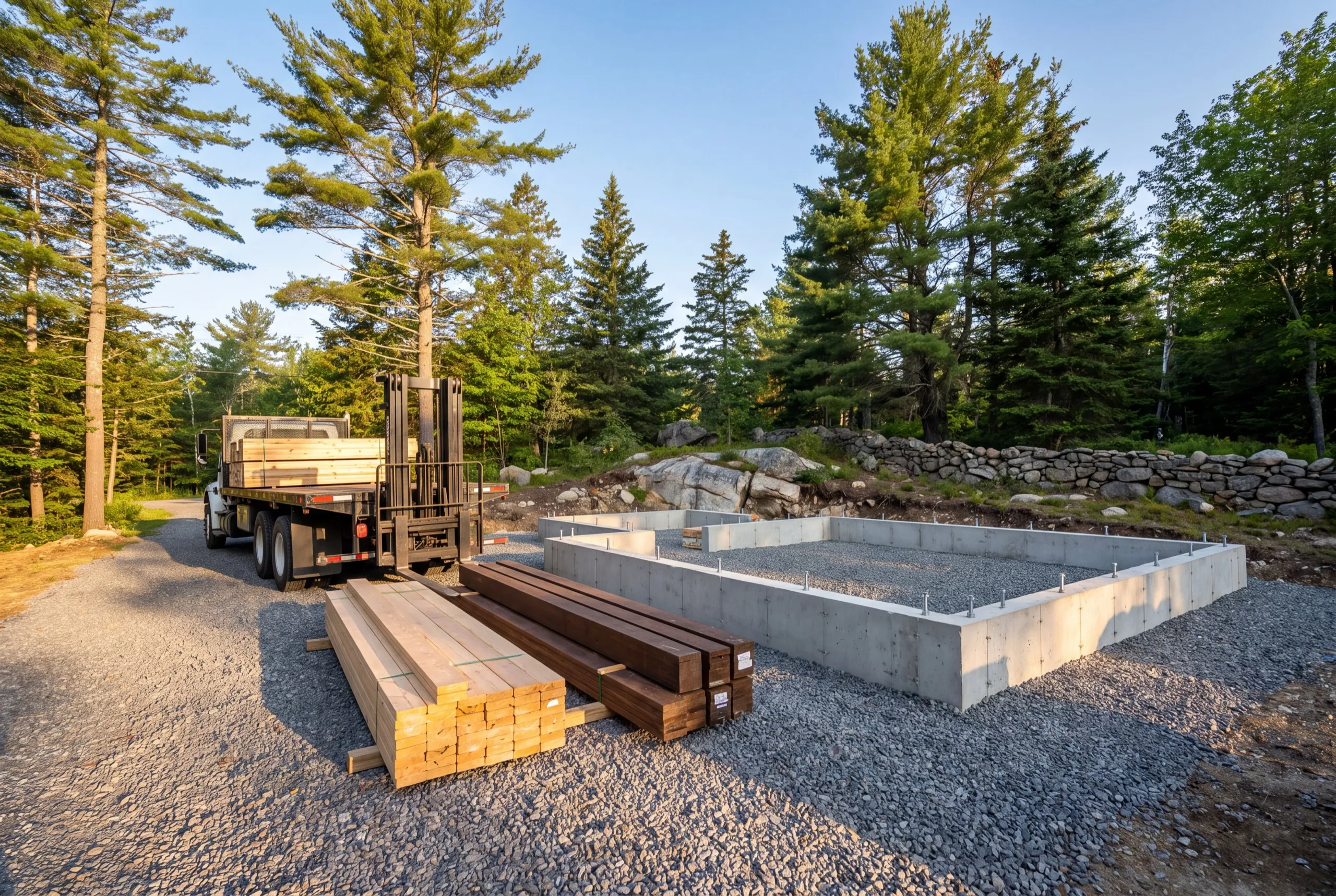 Poured foundation walls with lumber stacked beside a flatbed delivery truck in West Gardiner, Maine