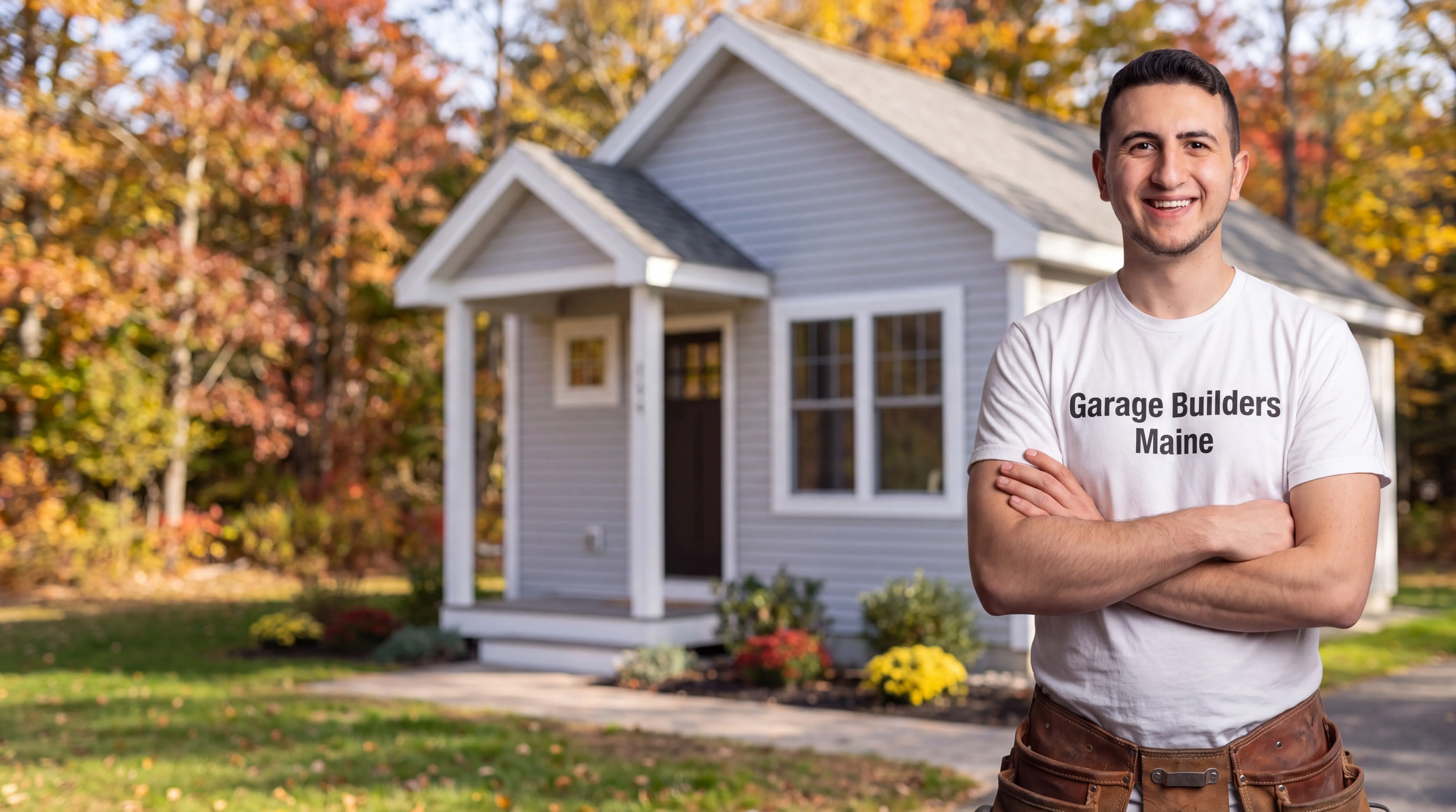 Owner of Garage Builders Maine standing with his arms crossed and smiling at a Maine job site