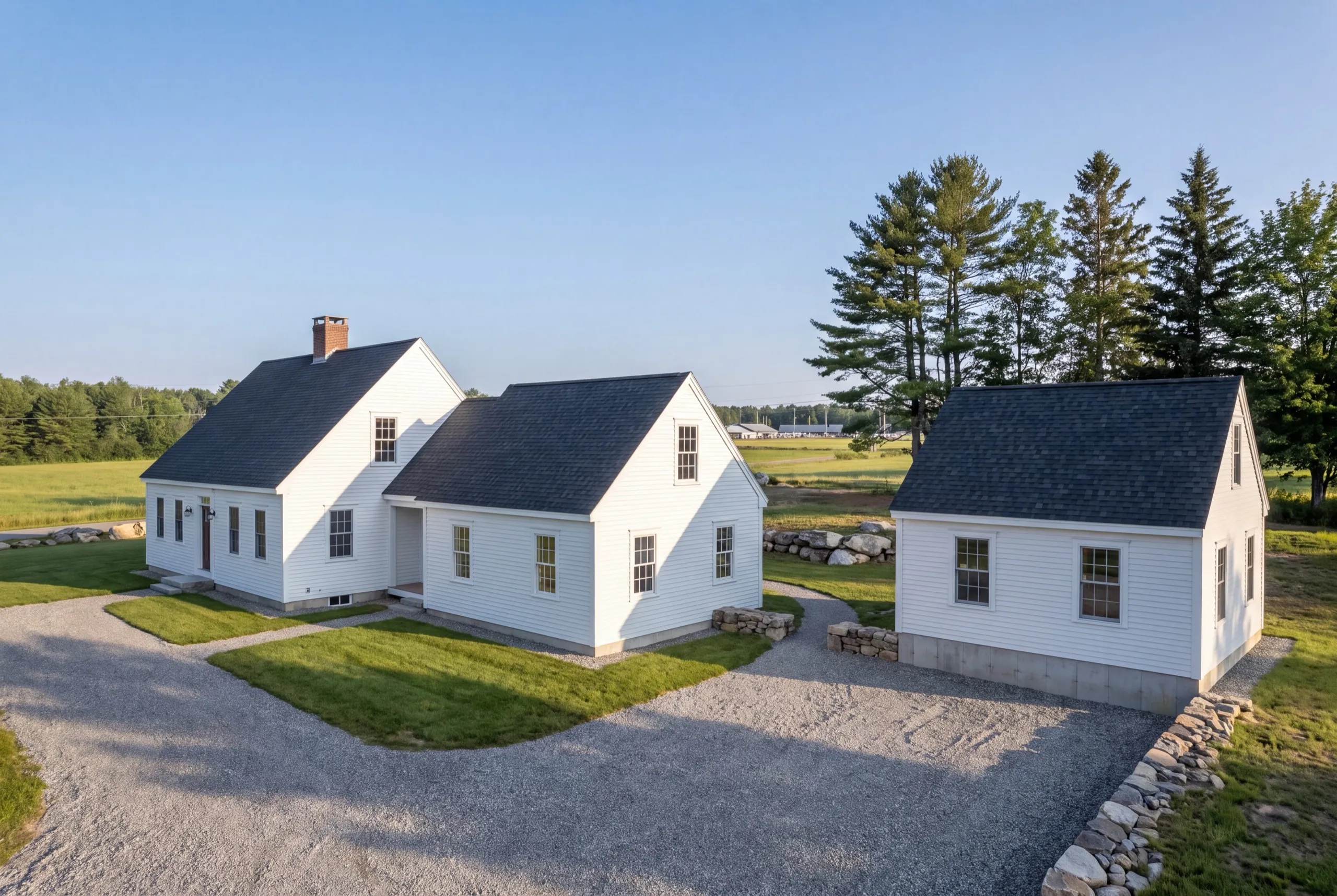 ADU builder Windsor Maine: white cape farmhouse with an attached wing and a separate detached cottage
