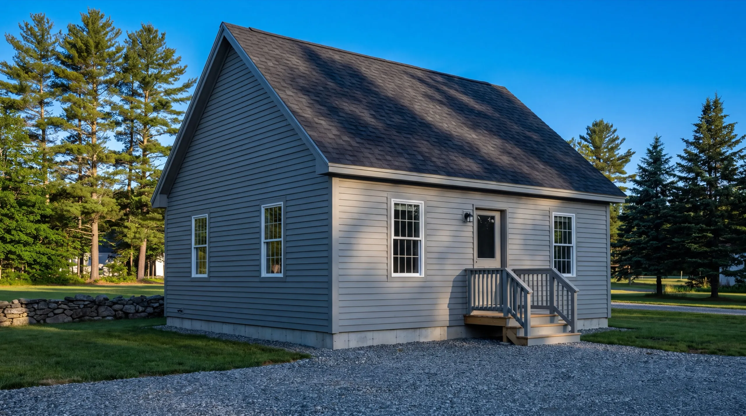 ADU builder in Windsor, ME: finished small blue-gray cottage with a side entry stair on a gravel drive
