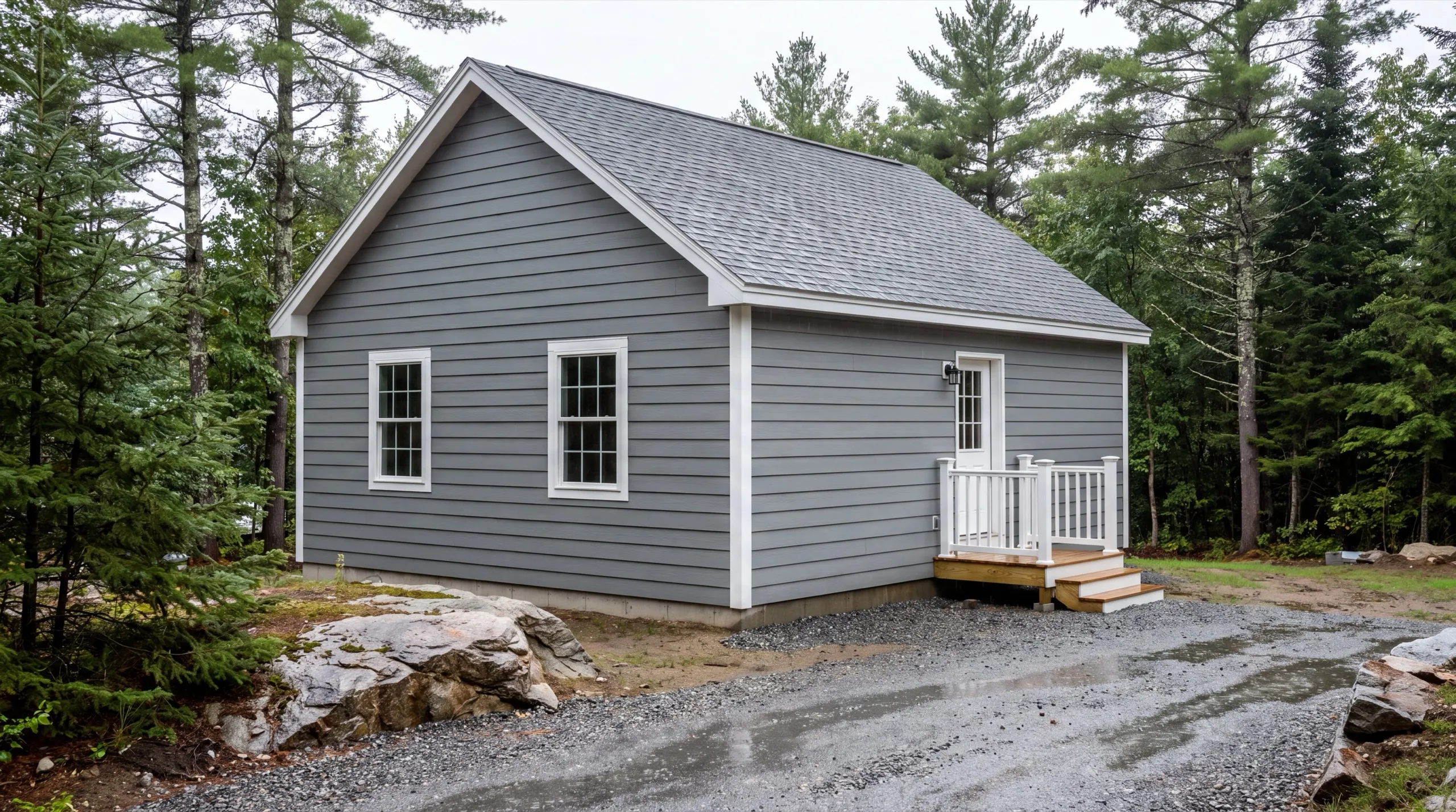 ADU builder in Winthrop, ME: finished small gray cottage with a small entry deck on a gravel drive