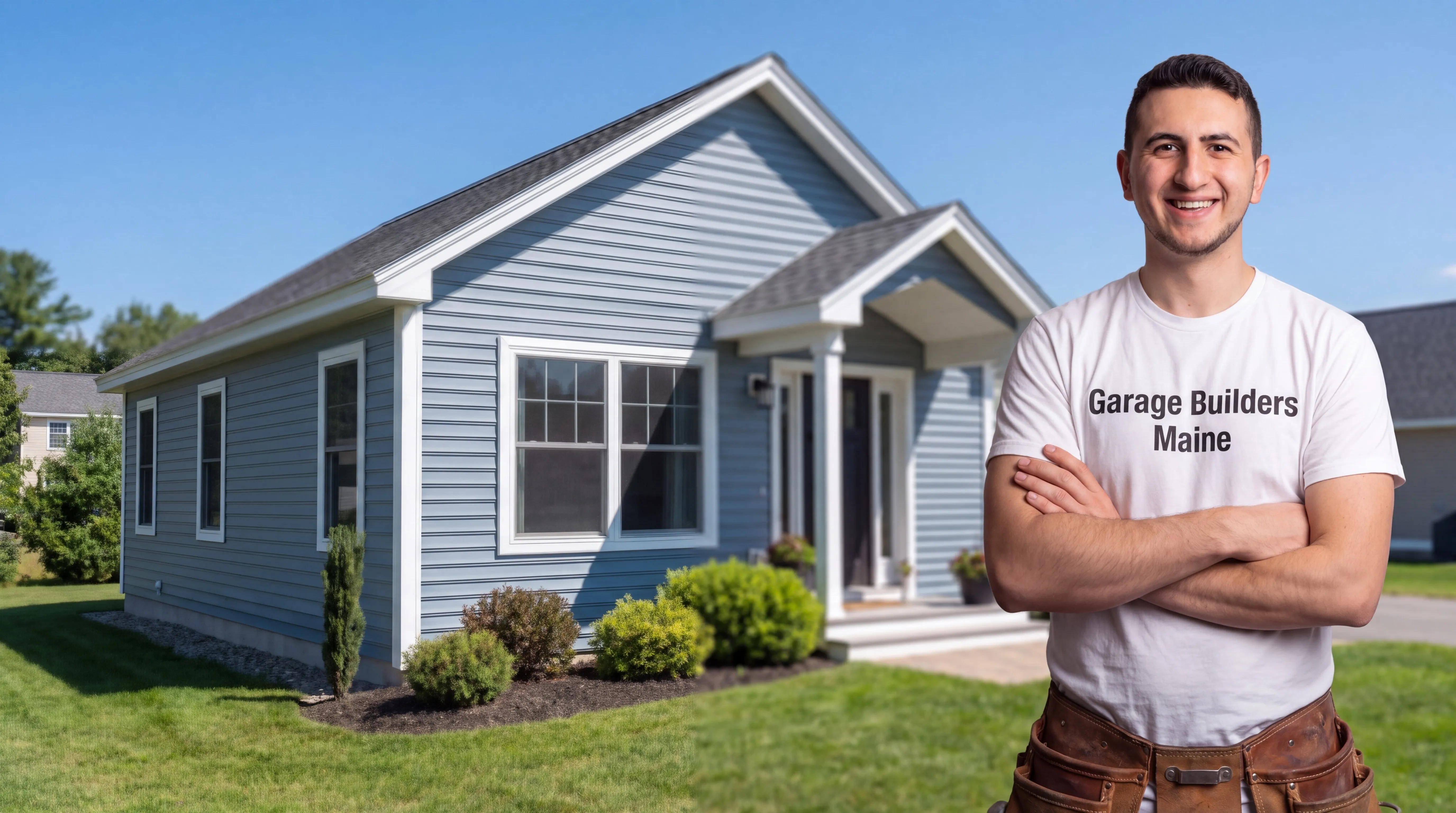 Owner of Garage Builders Maine standing with his arms crossed and smiling at a Maine job site